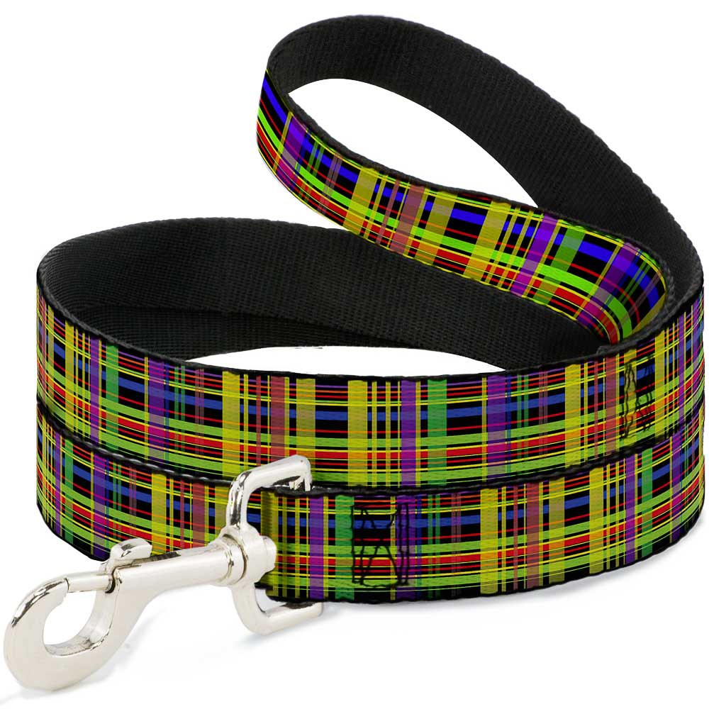 Dog Leash 6-FEET Plaid Black/Multi Neon NARROW 0.5"