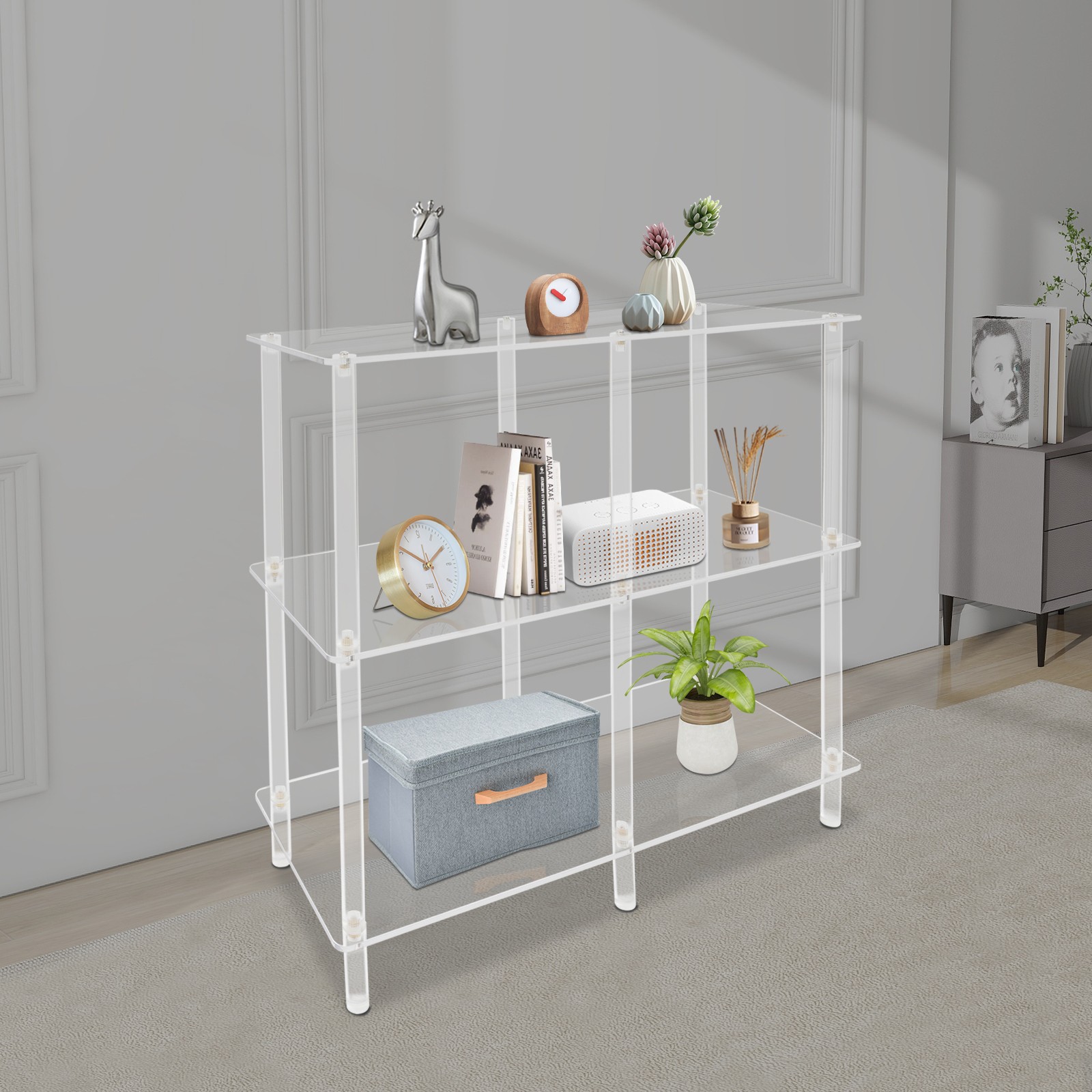 Acrylic Table, Small Entryway Table with Open Shelves, Clear Entry Table