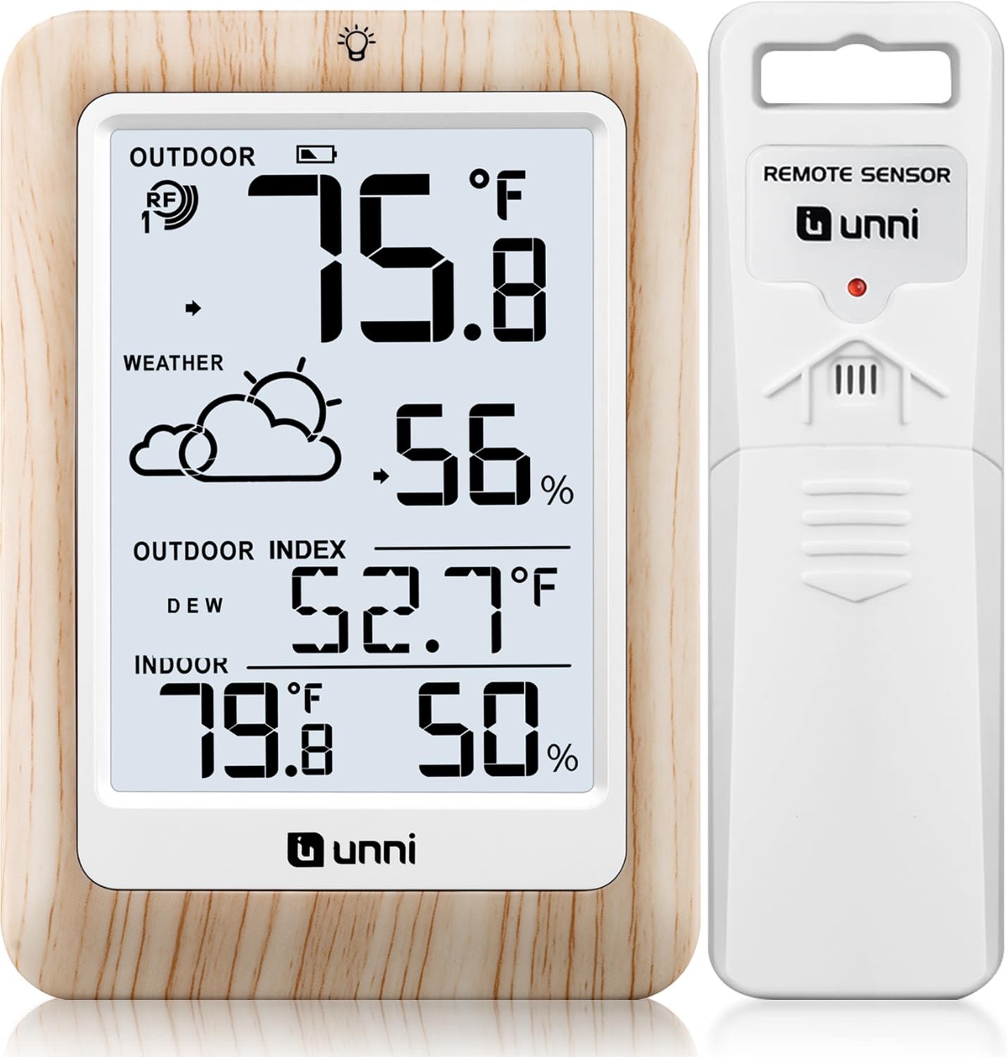 Indoor Outdoor Thermometer Wireless Weather Station, Temperature Wood