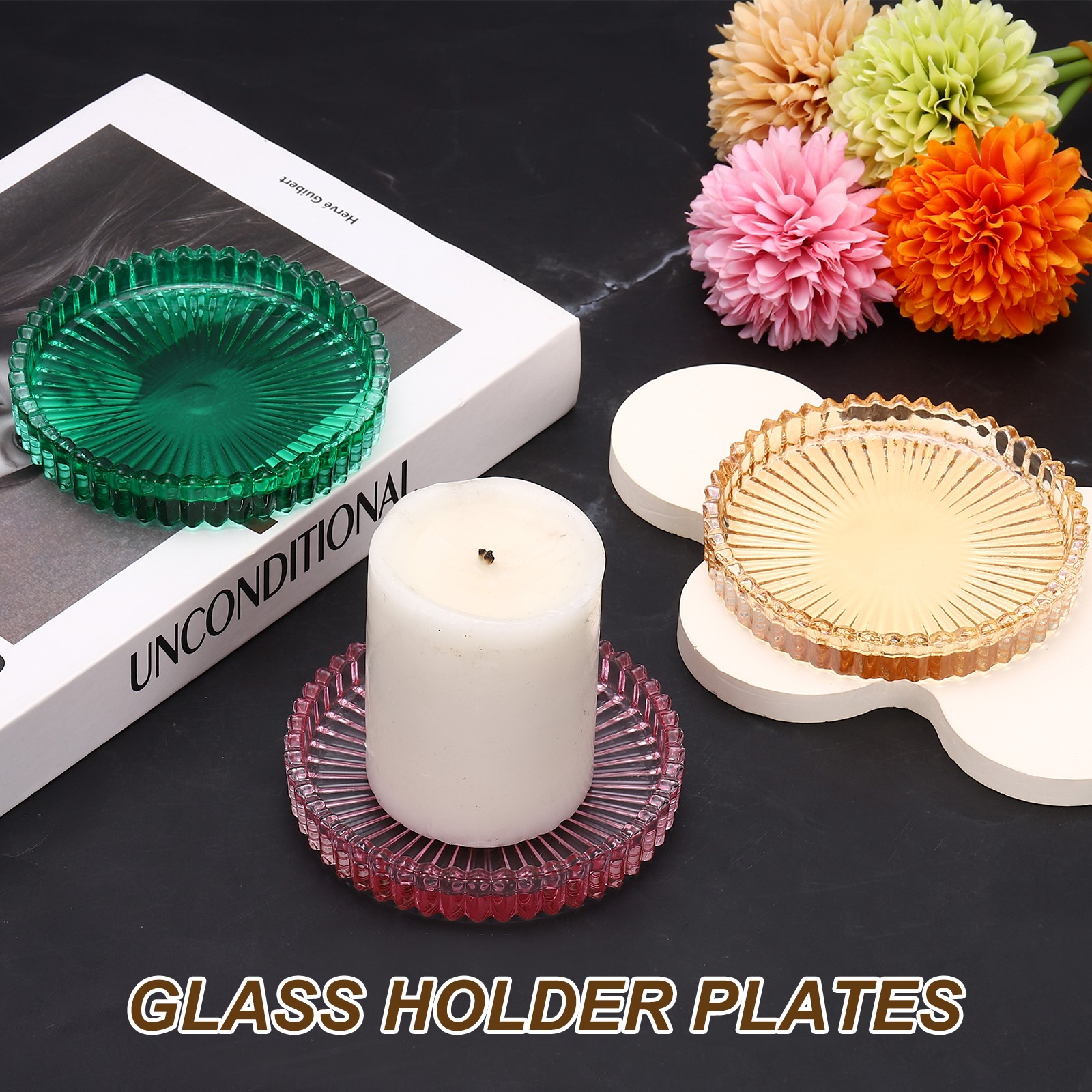 2 Pcs Green Candle Holder Plates, 4" Round Glass Candle Tray