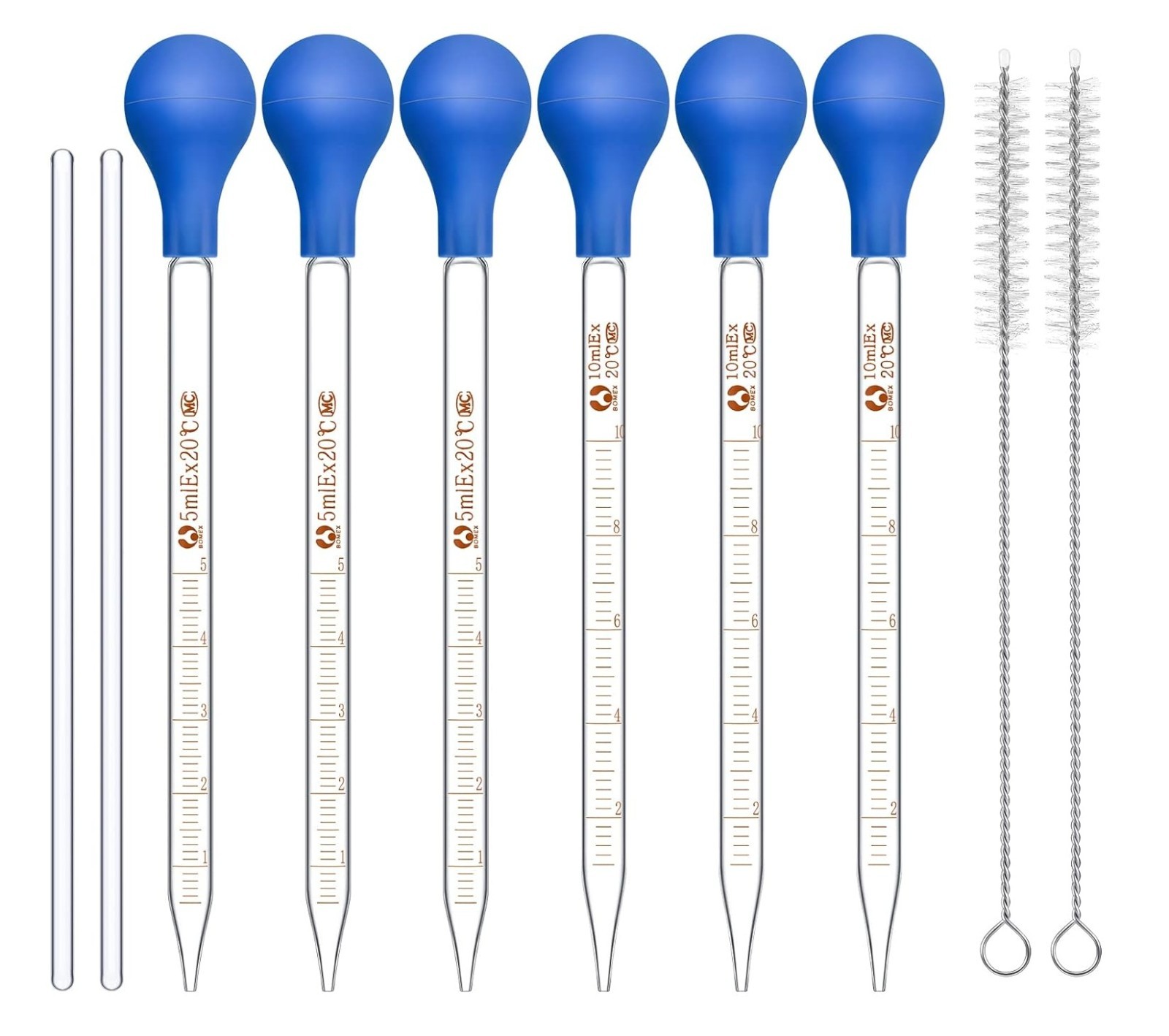6 Pack 5ml/10ml Glass Graduated Dropper Pipette with 8" Stir Rod+Cleaning Brush