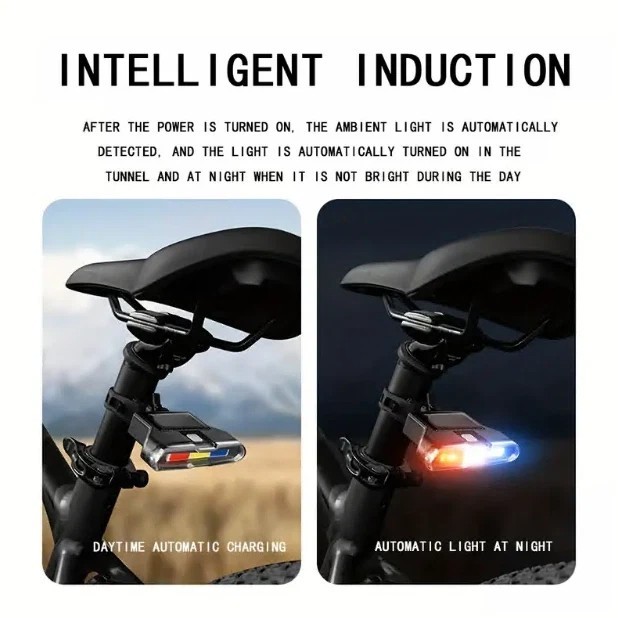 Rechargeable Solar Bicycles Rear Light Warning Lamp Tricolor, 7 Modes Adjustable
