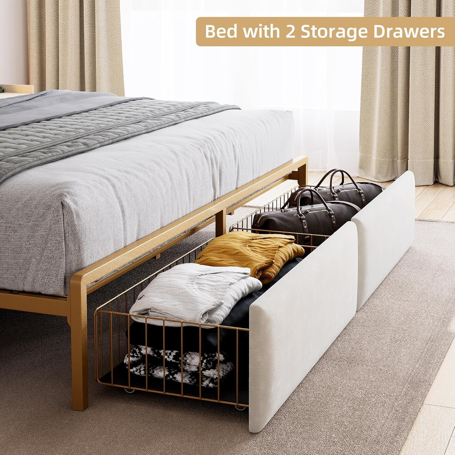 ✅King Size Bed Frme Pltform Bed Frme W/LED Lights Chrging Sttion Drwers