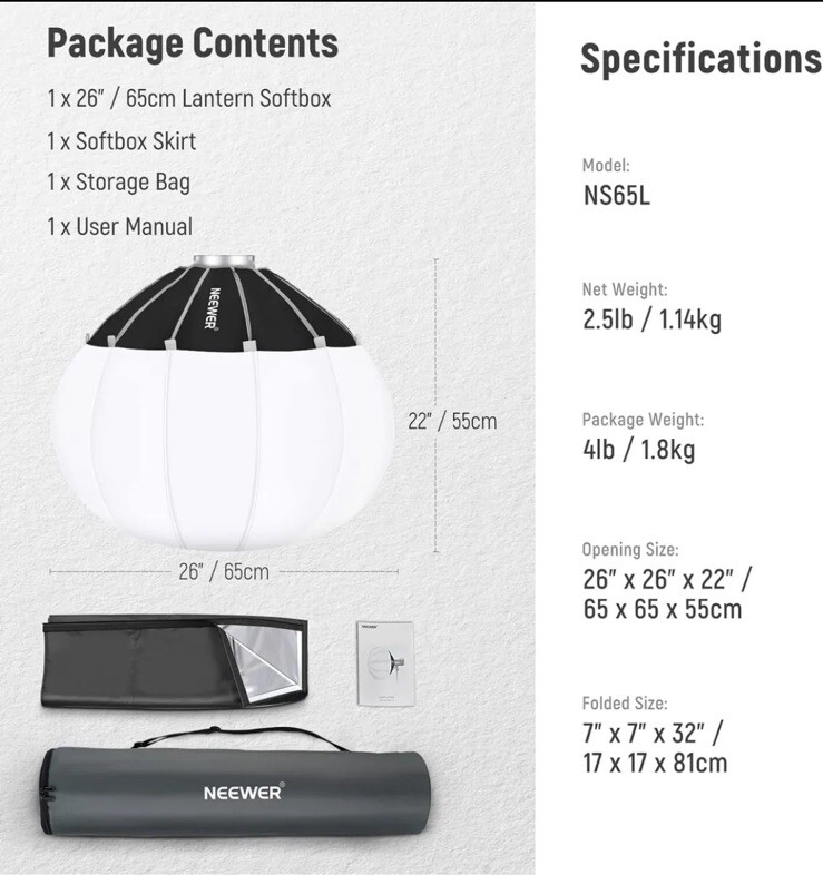 NEEWER 26"/65cm Lantern Softbox One Step Quick Release, 360° Light Diffuser with