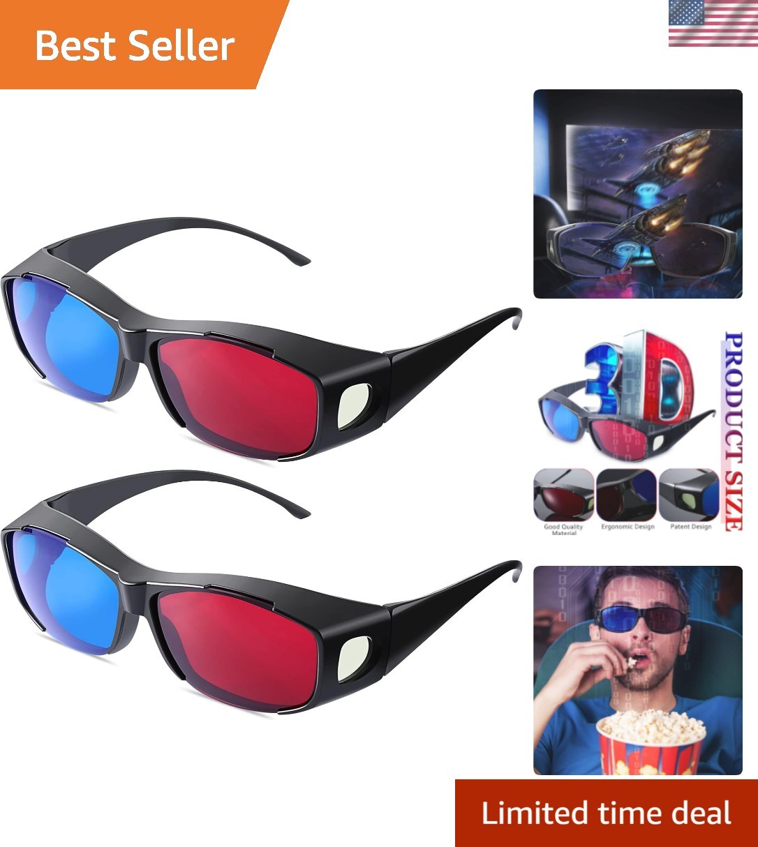 Comfort Fit Red Blue 3D Glasses - Perfect for Movies, Gaming, and Family Fun