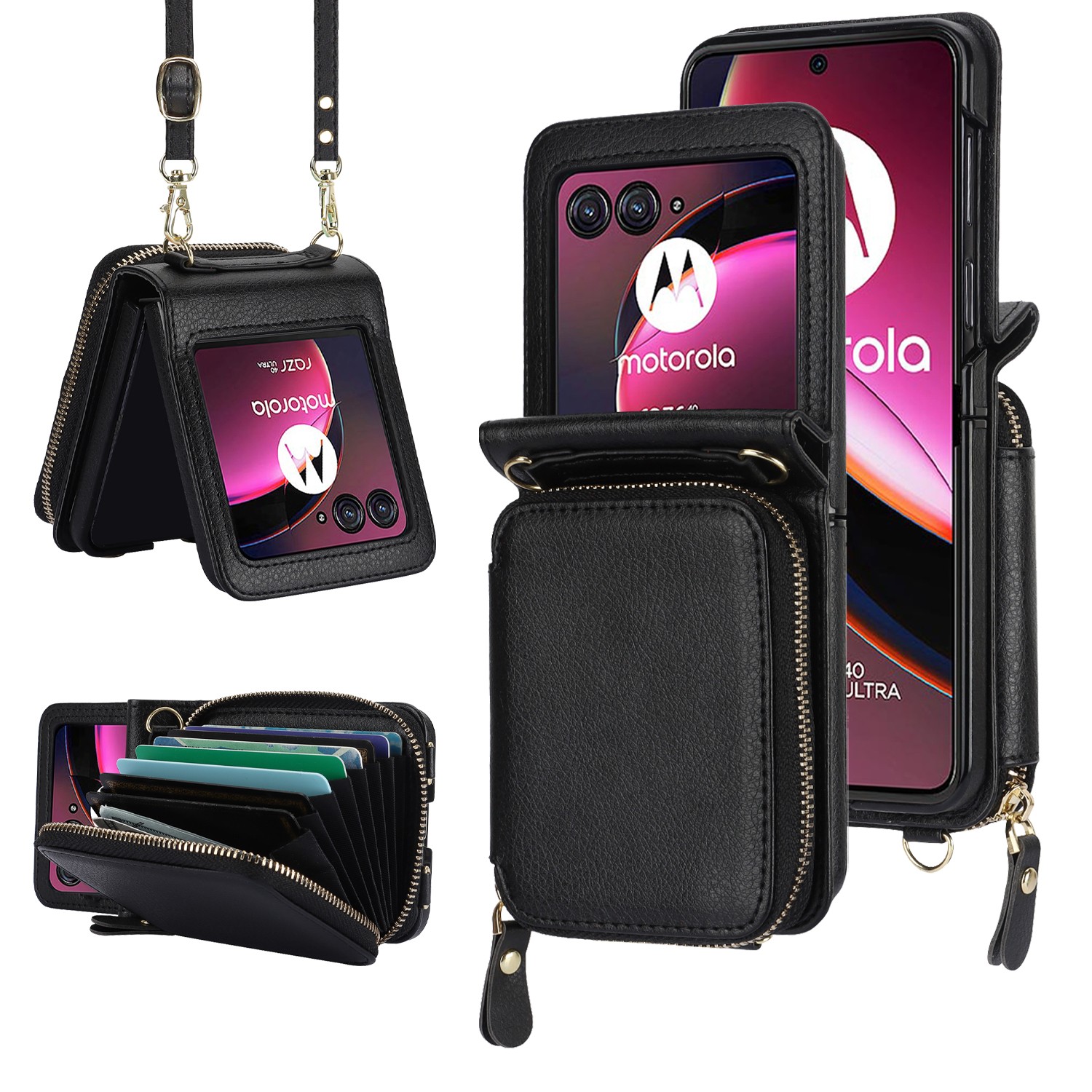 For Motorola Razr Ultra/Razr 2025 2024 2023 Leather Zipper Wallet Case + Strap