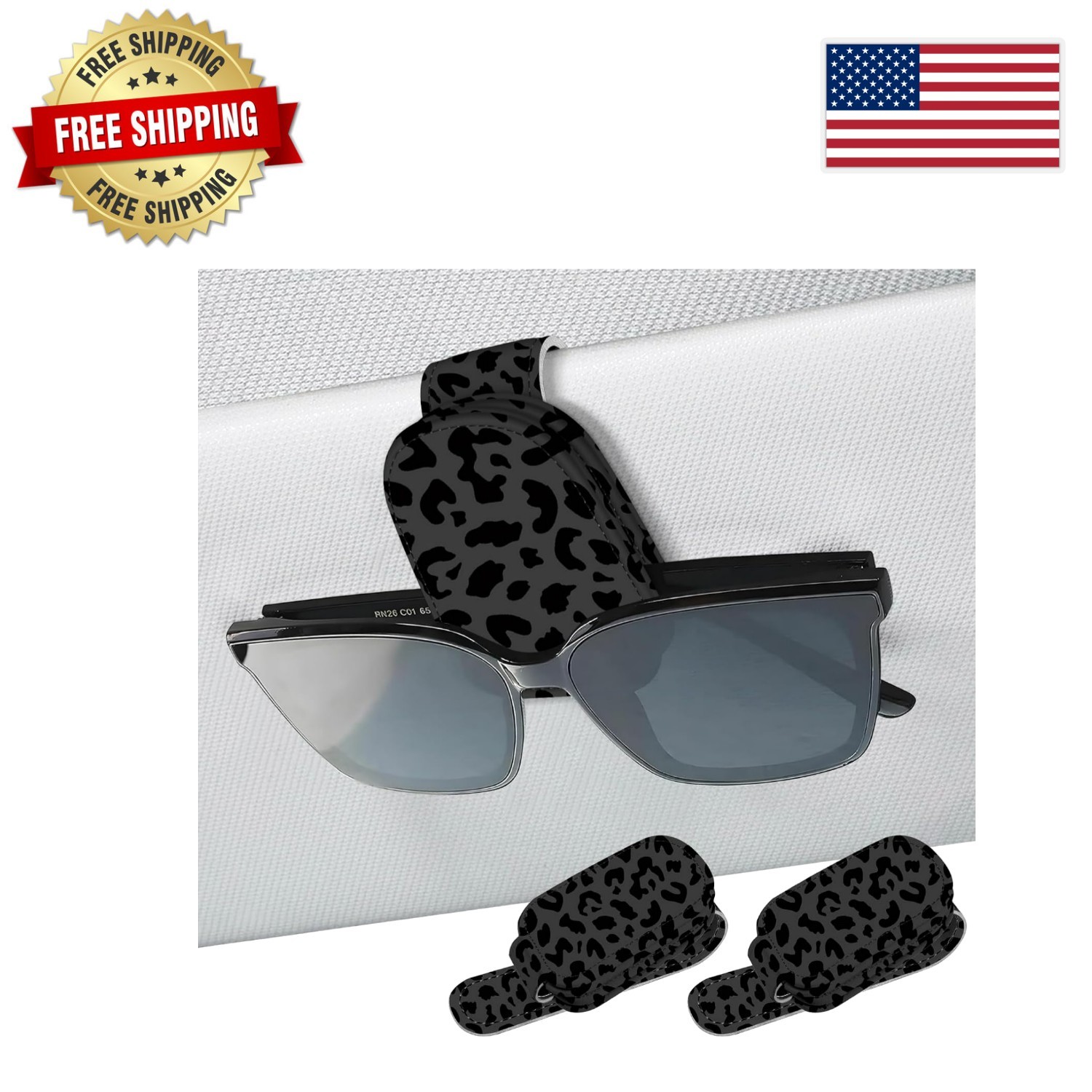 Leopard-Black Sunglass Holder for Car Visor - 2 Pack, Durable and Elegant Design