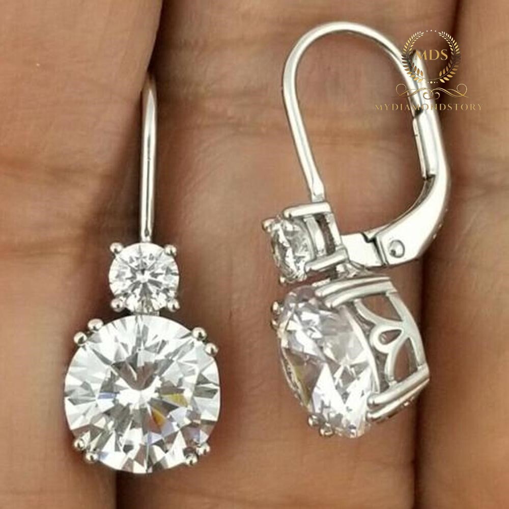 14K Solid White Gold Moissanite Drop/Dangle Earrings Excellent Round Cut 2.30 CT