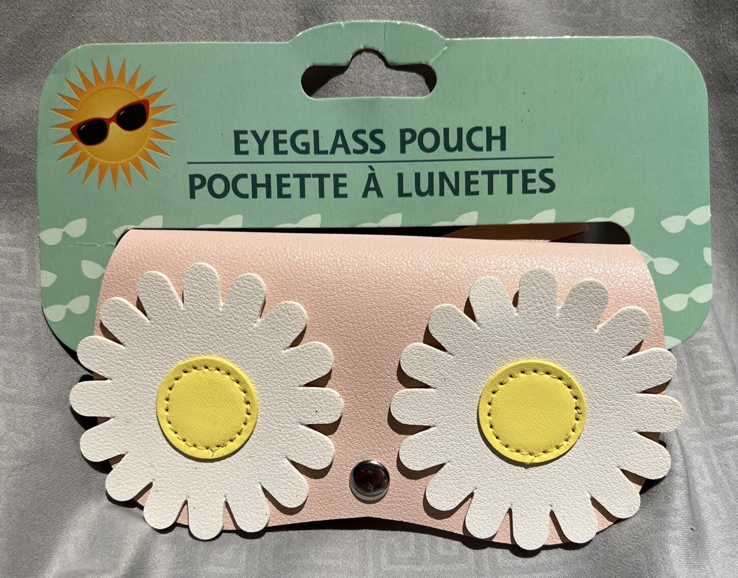 Daisy Eyeglass Sunglass Pouch Pink Vinyl White Flower Hanging Loop Snap Closure