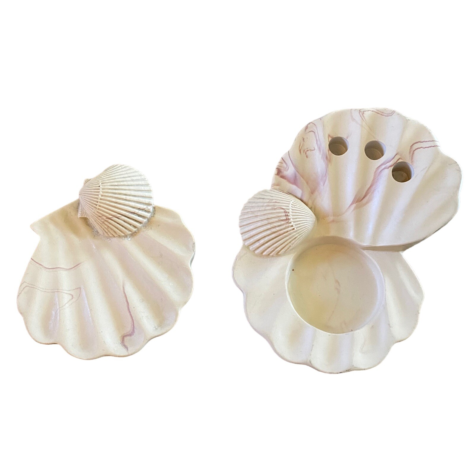 VTG 80’s Vanity Set Sea Shell Soapstone Pink Swirl DINA  OCEAN DECOR  Nautical