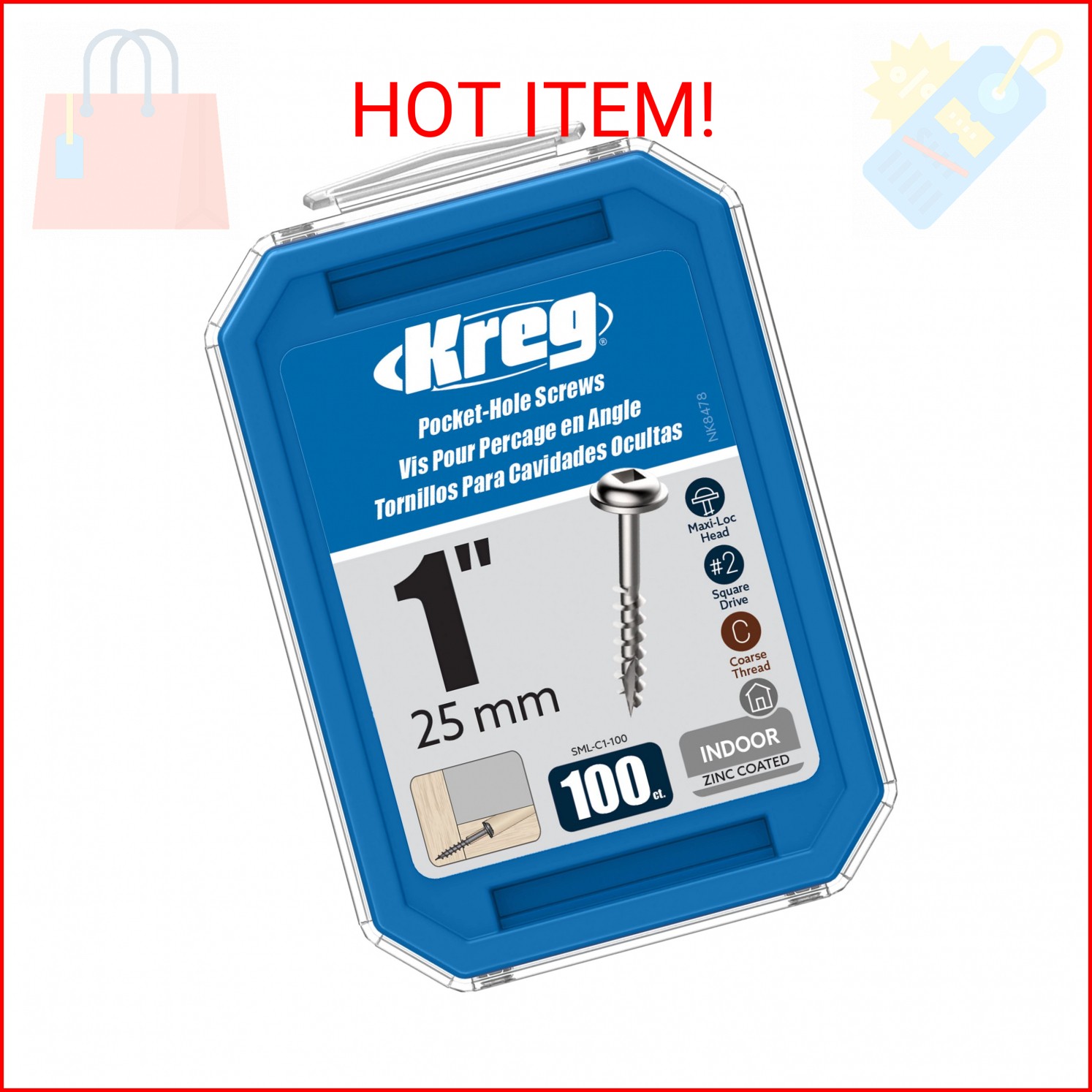 Kreg Zinc Pocket-Hole Screws - SML-C1-100 - 1 Inch - Coarse Thread - Maxi-Loc He