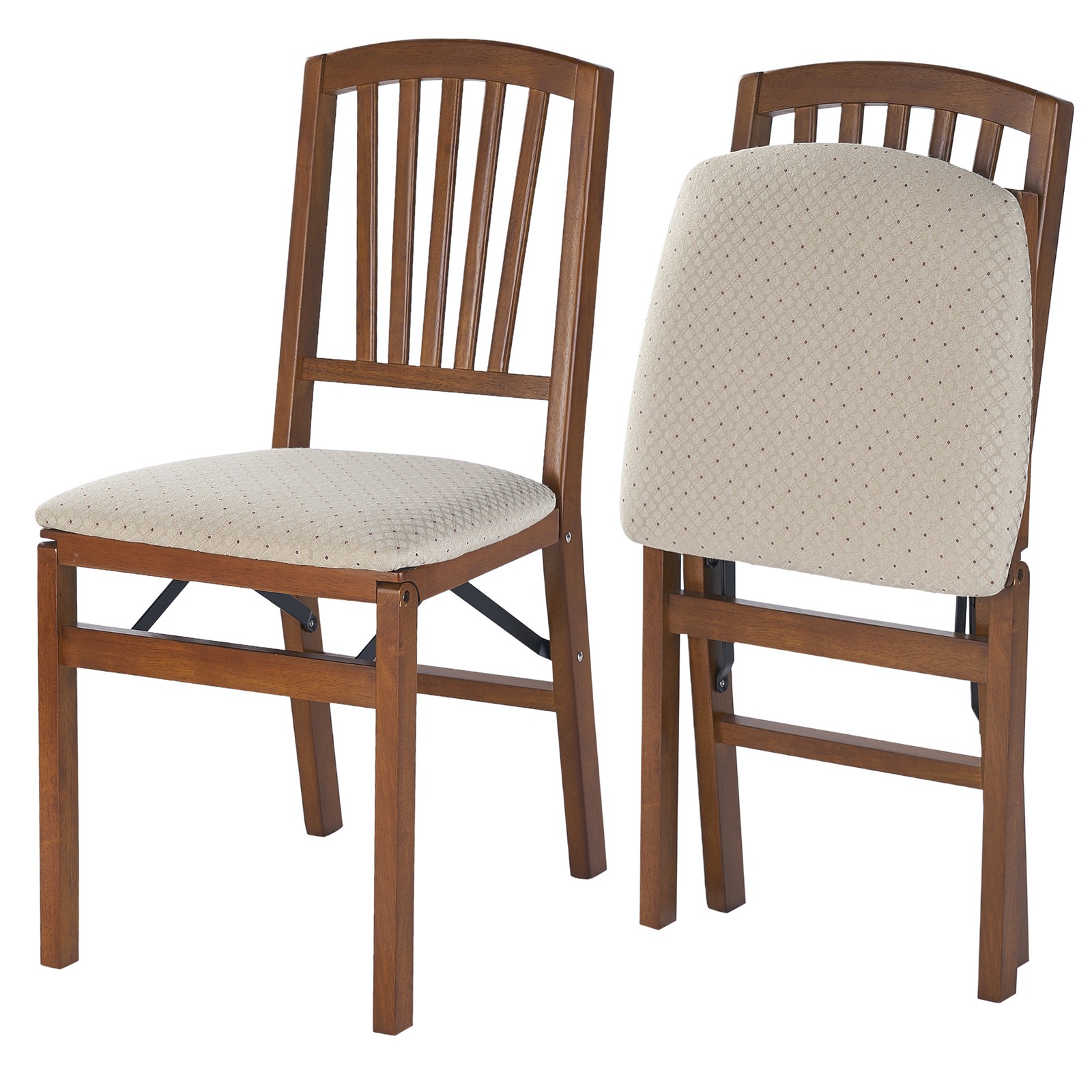 MECO Stakmore Wood Fabric Upholstered Seat Folding Chair Set, Fruitwood (2 Pack)