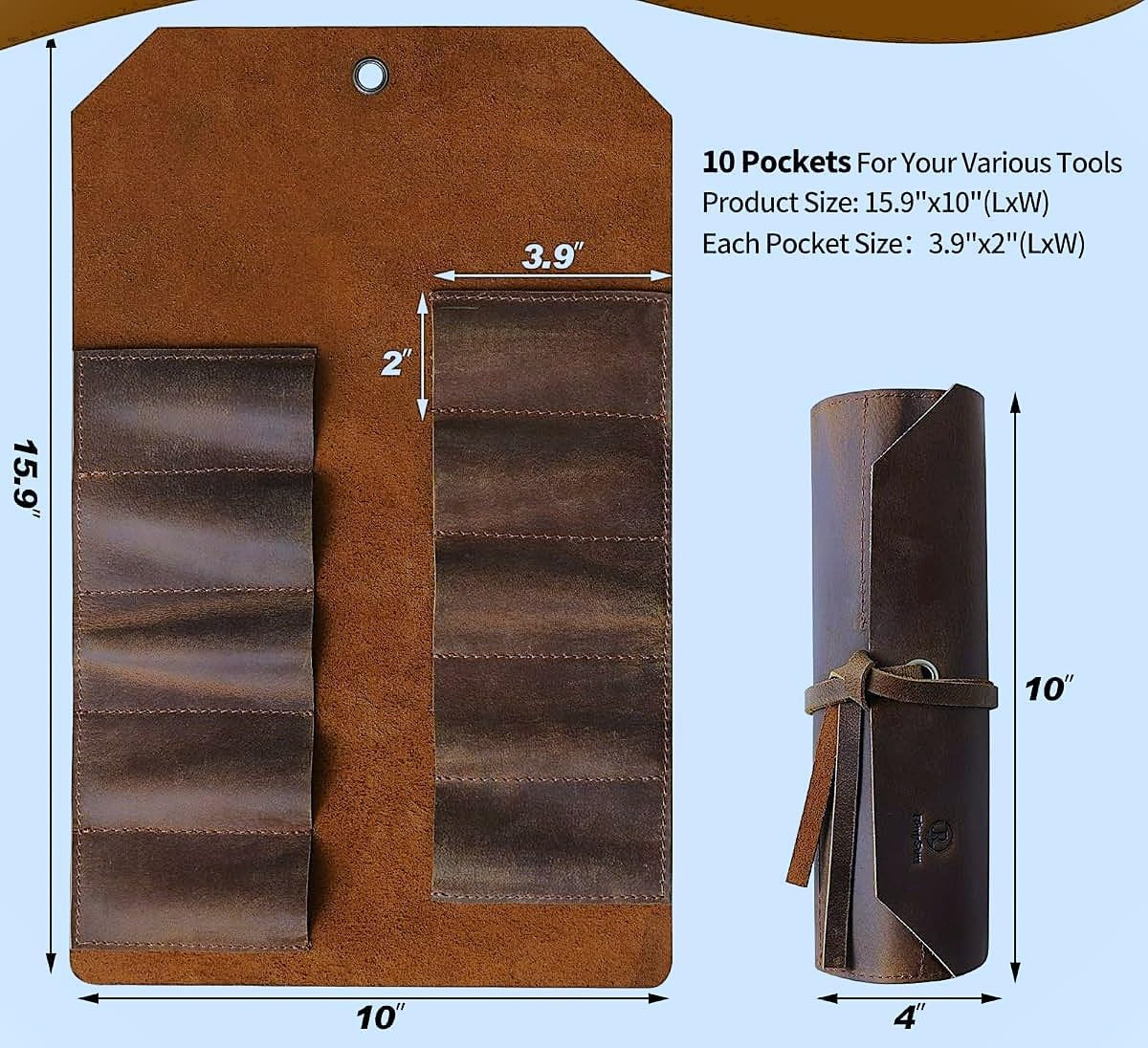 Leather Tool Roll Pouch 10 Slots - Tool Portable Carry on Pouch, Workshop Storag