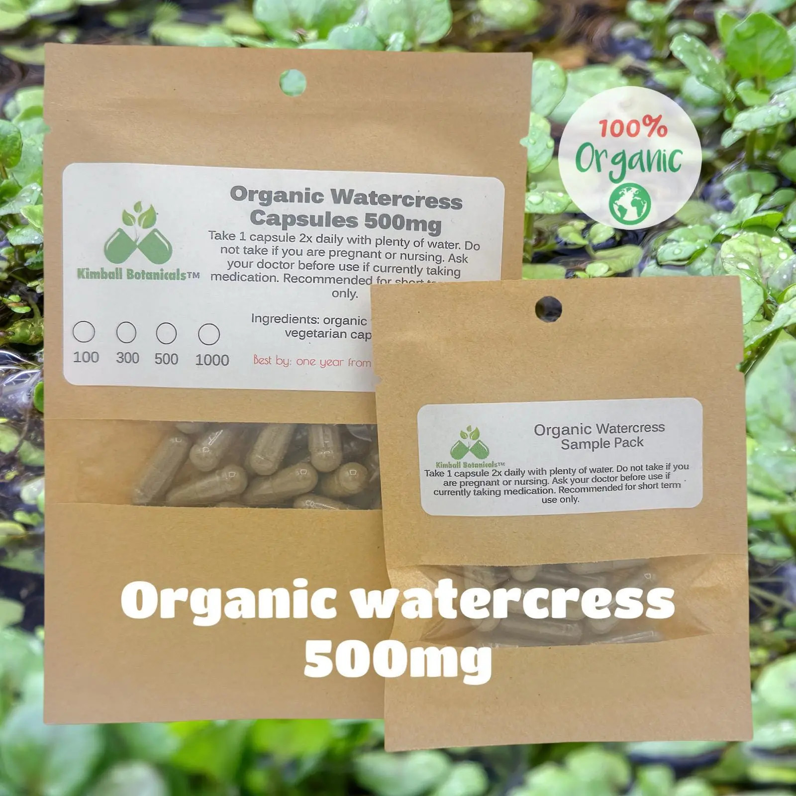 Organic Watercress (Nasturtium officinale) 500mg vegetarian capsules, made