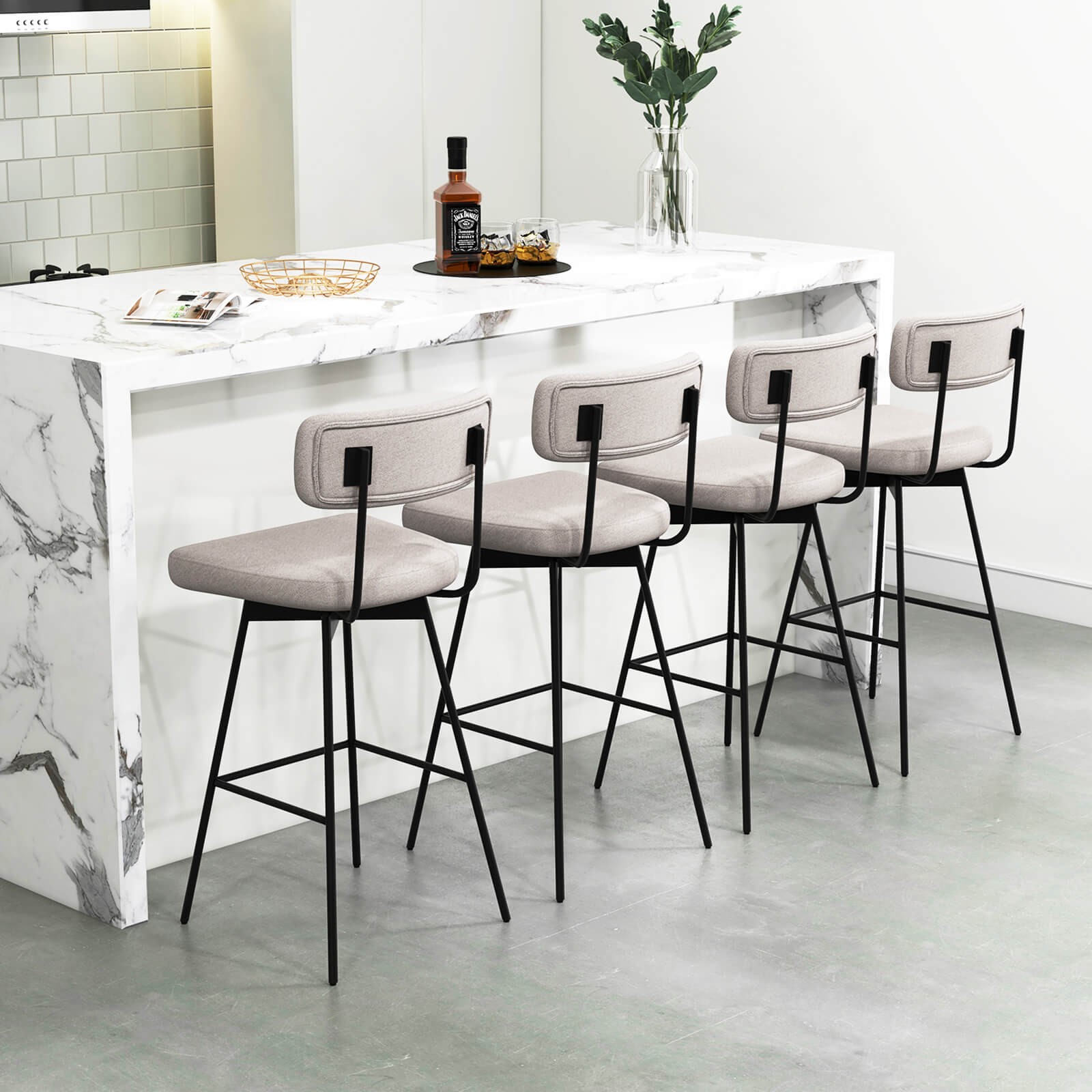 4PCS Swivel Bar Stools Bar Height Upholstered Kitchen Dining Chairs Beige
