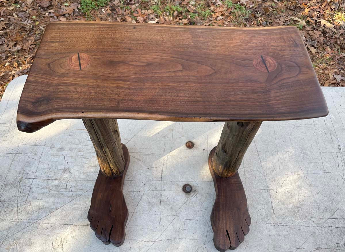 Vintage Carved  Walnut &Cedar Folk Art Wood Footstool with Carved Feet 1969