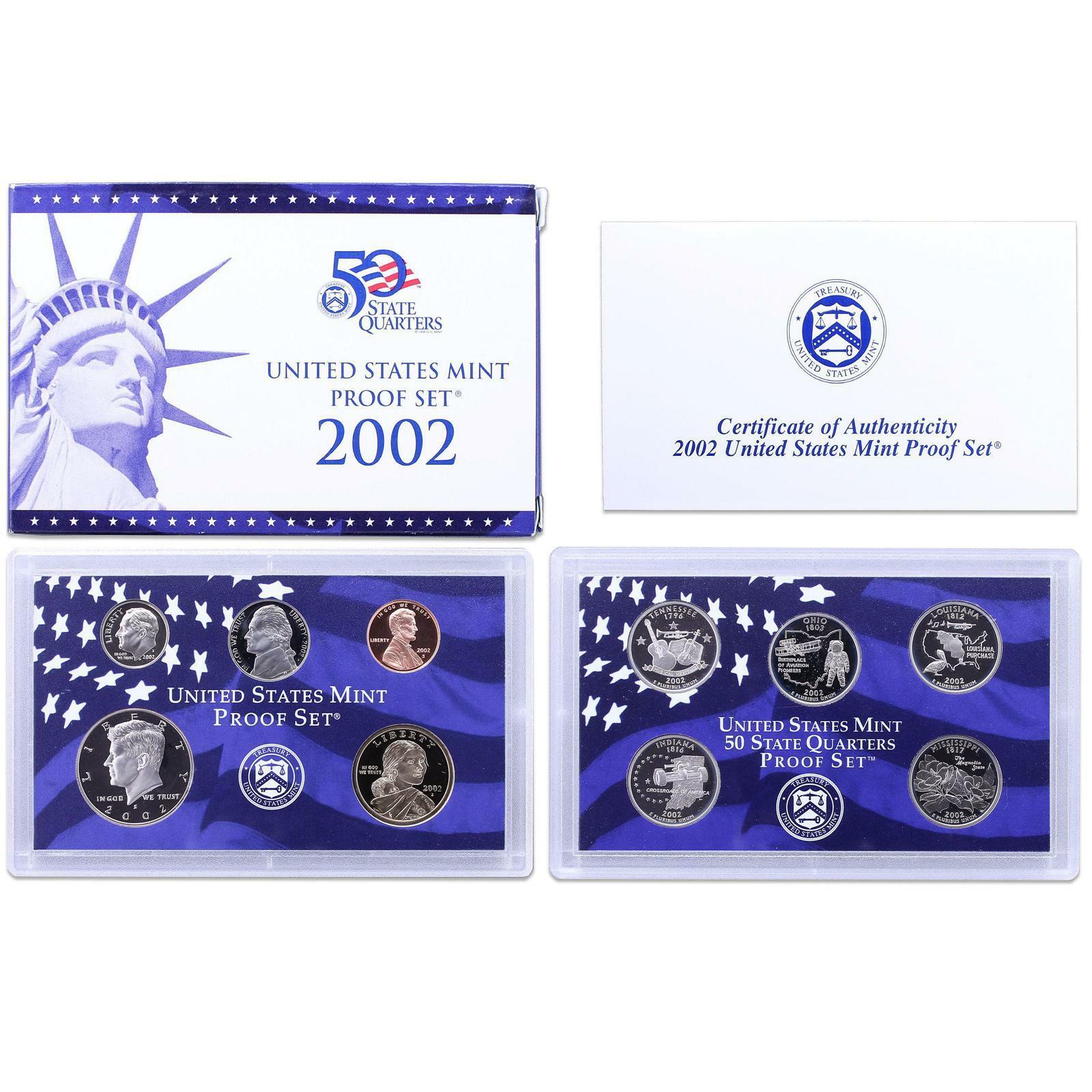 2002 S Proof Set Original Box & COA 10 Coins CN-Clad