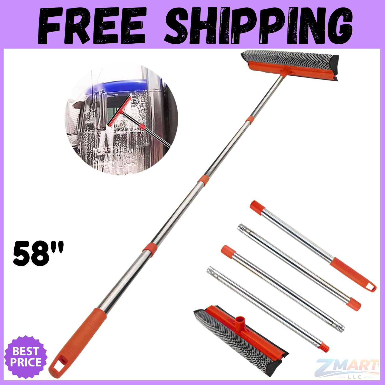Professional Window Cleaning Kit 58 Inches Long Handle Squeegee Mop Cleaning Ne