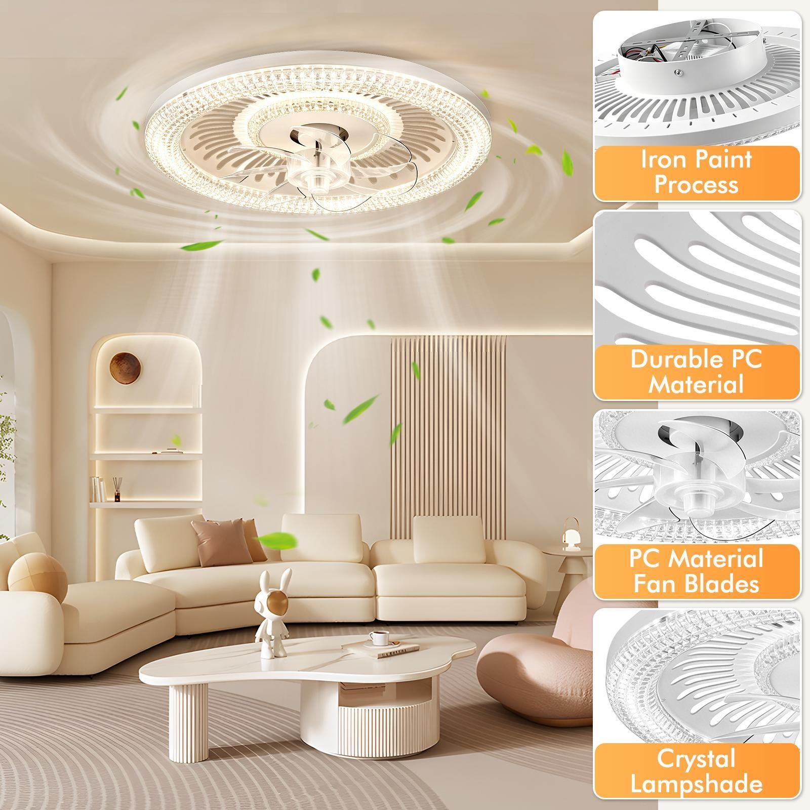 19" Ceiling Fan Light White Flush Mount LED Fixture With Remote APP Control Kit