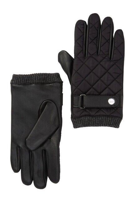 14th & Union Leather & quilted nylon Puffer Moto Gloves, Size M Black