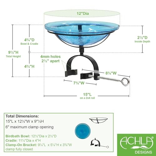 12" Teal Crackle Birdbath- Over Rail Bracket