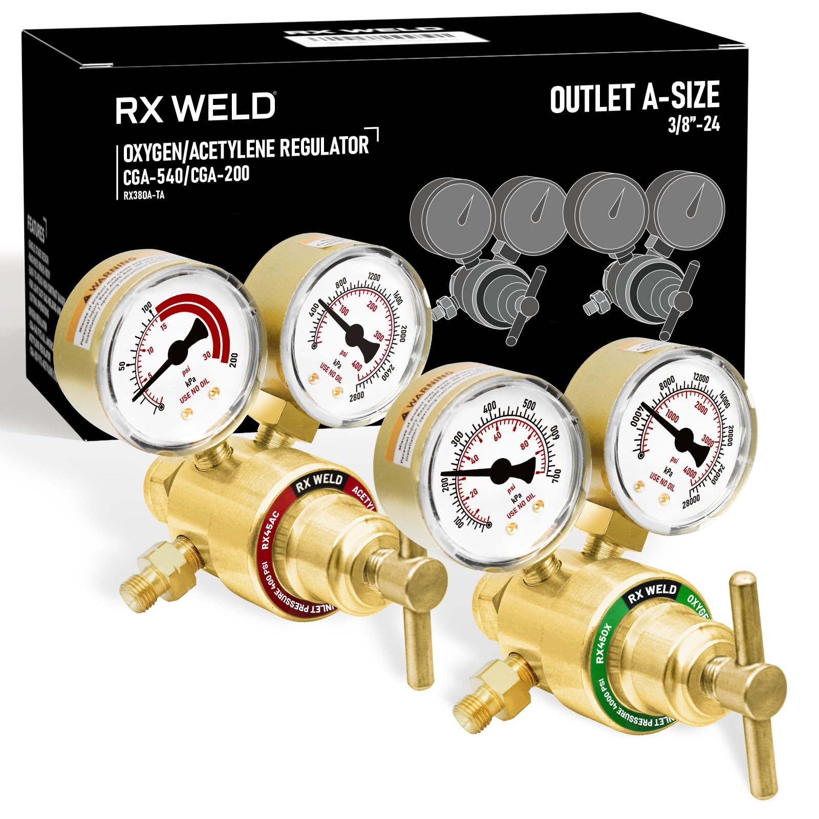 RX WELD Light Duty Oxygen Acetylene Regulator Set, CGA-540 Oxygen/CGA-200...