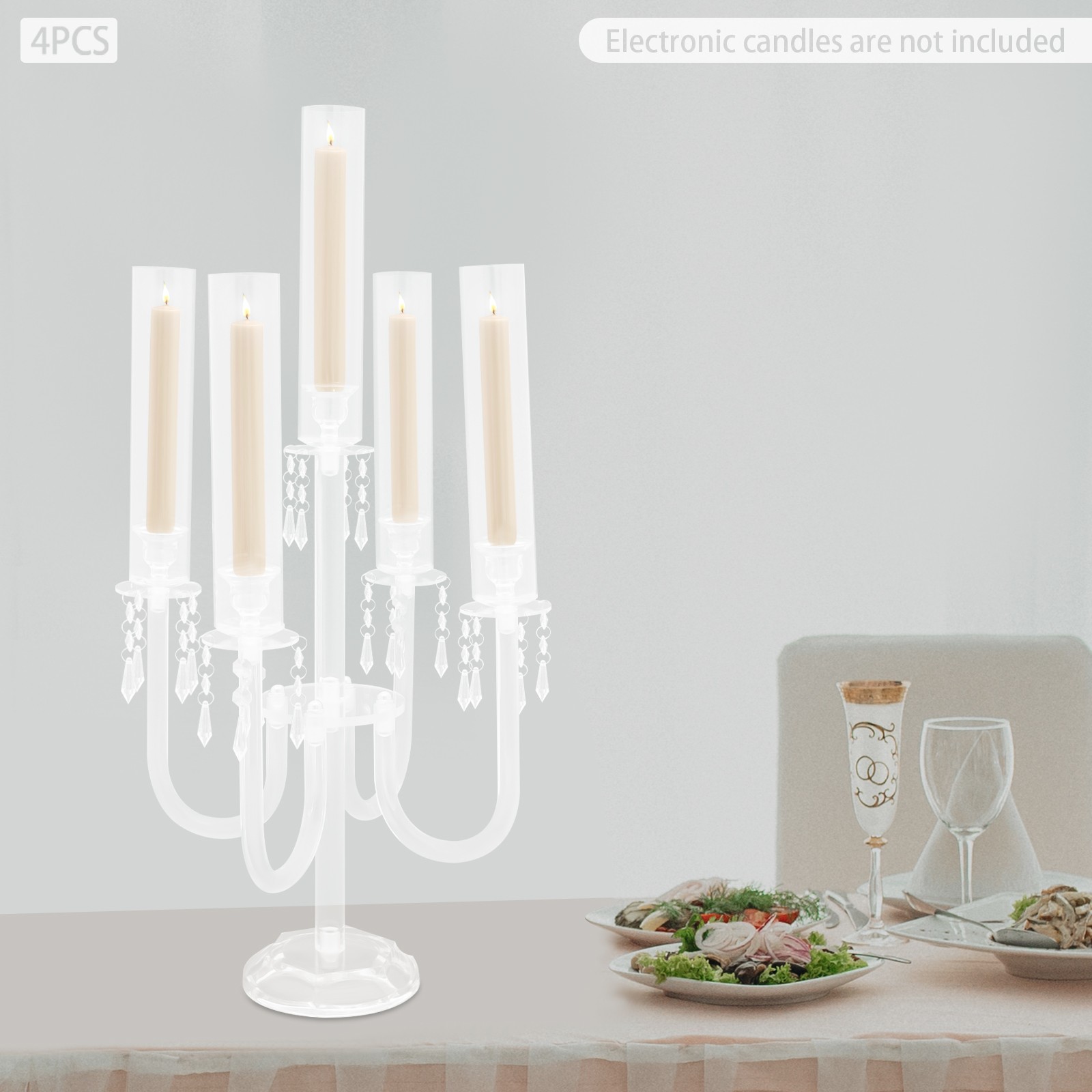 4PCS 5-Arm Candle Holders, 70cm Acrylic Candle Holders, Tabletop Candle Holders