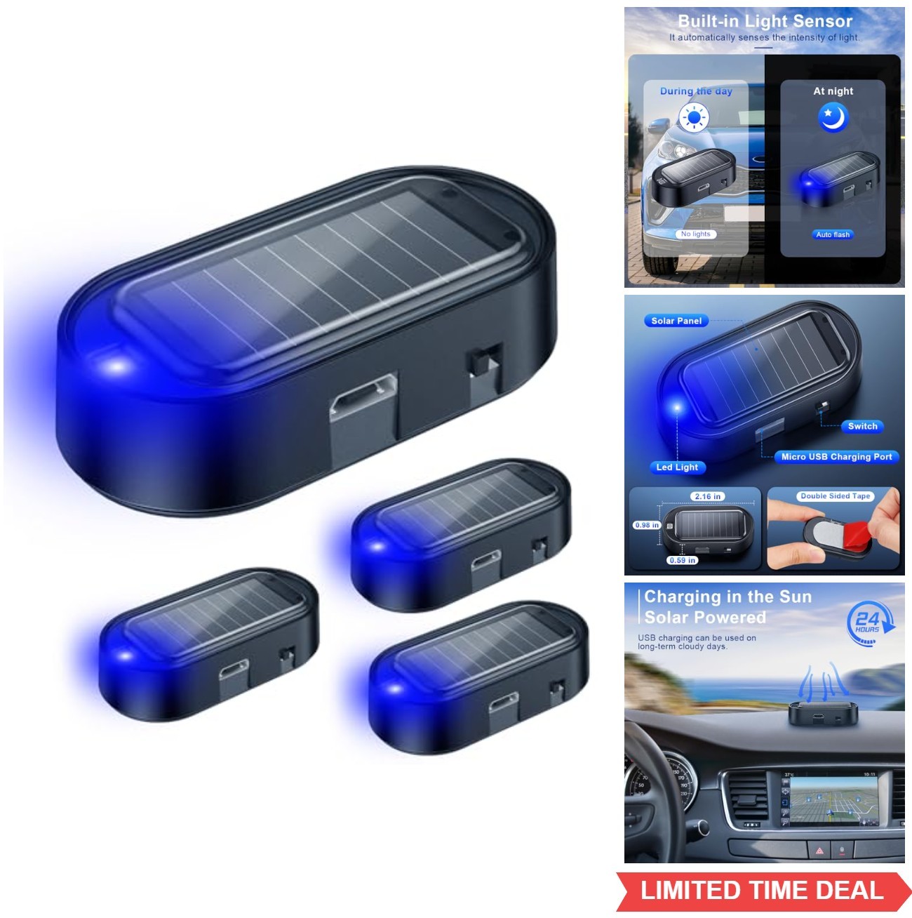 Car Solar Powered Dummy Alarm 4 Pack LED Flashing Anti Theft Security Light USB