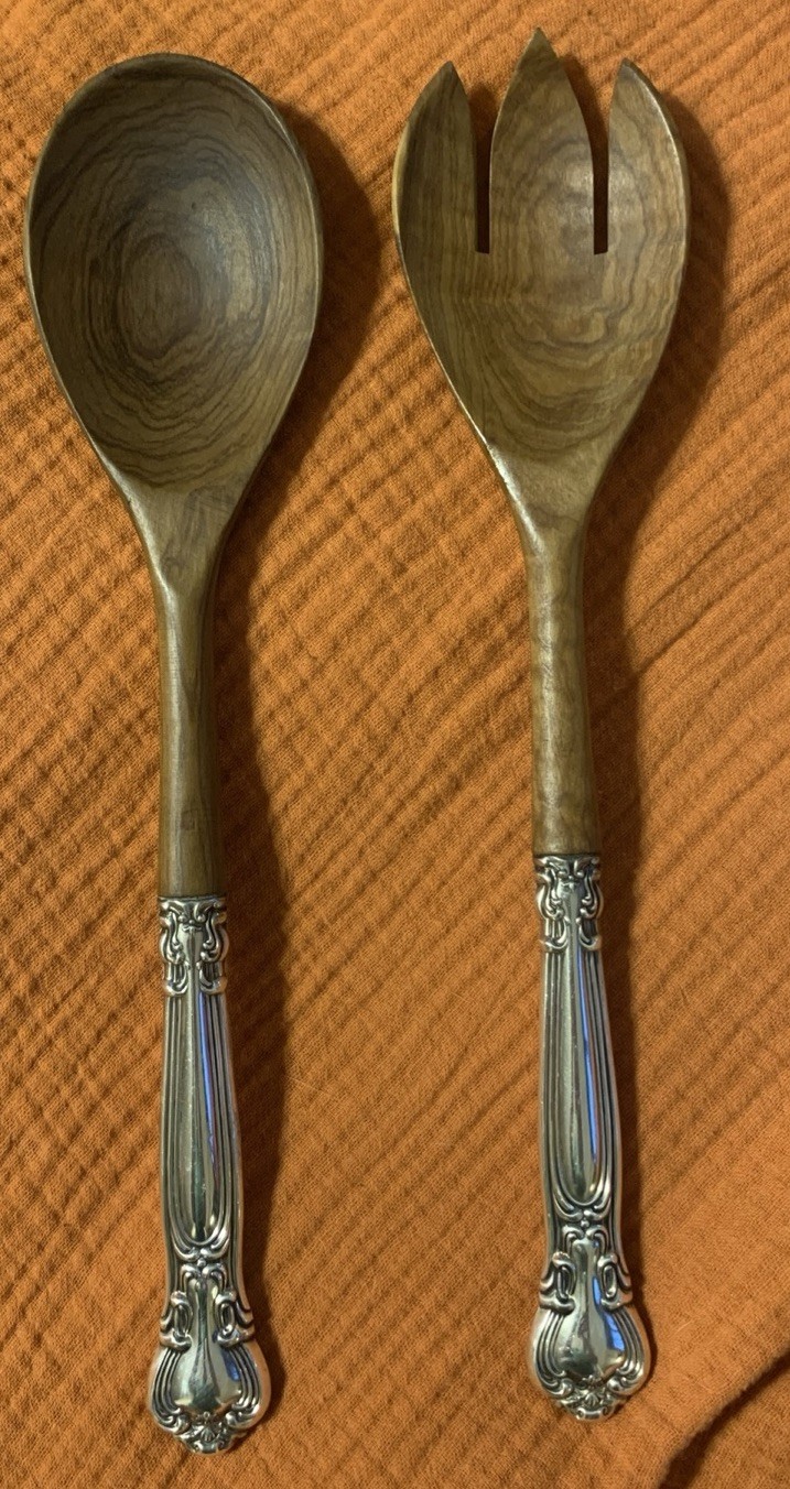 Gorham Chantilly Vintage Sterling Silver & Teak Wood Salad Set Made in France