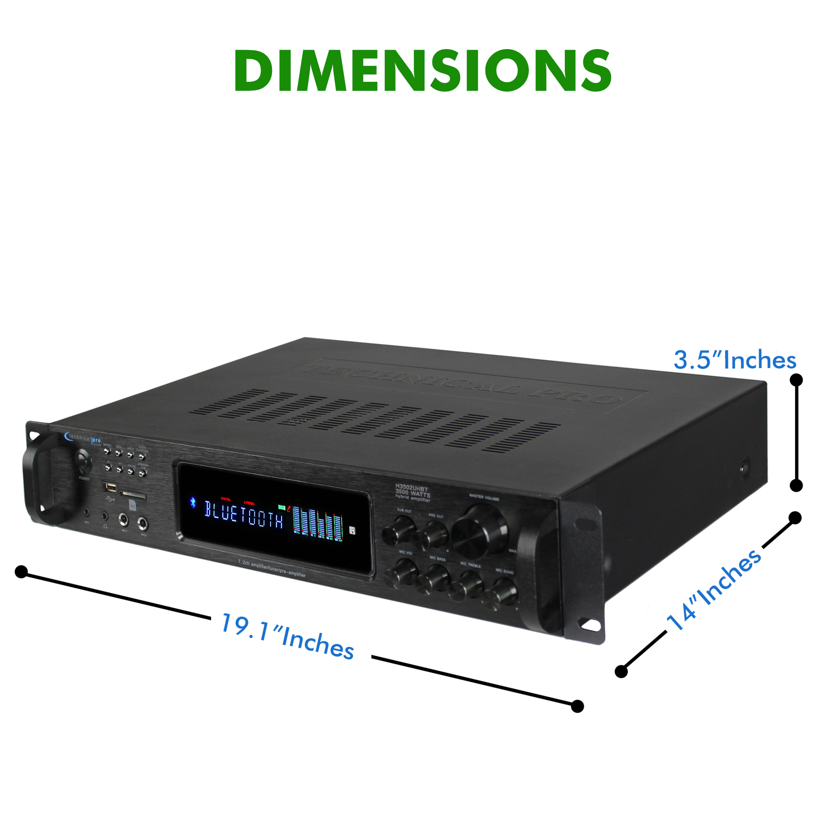 3500 Watts Digital Hybrid Amplifier, Preamp, Tuner with USB SD Card Inputs