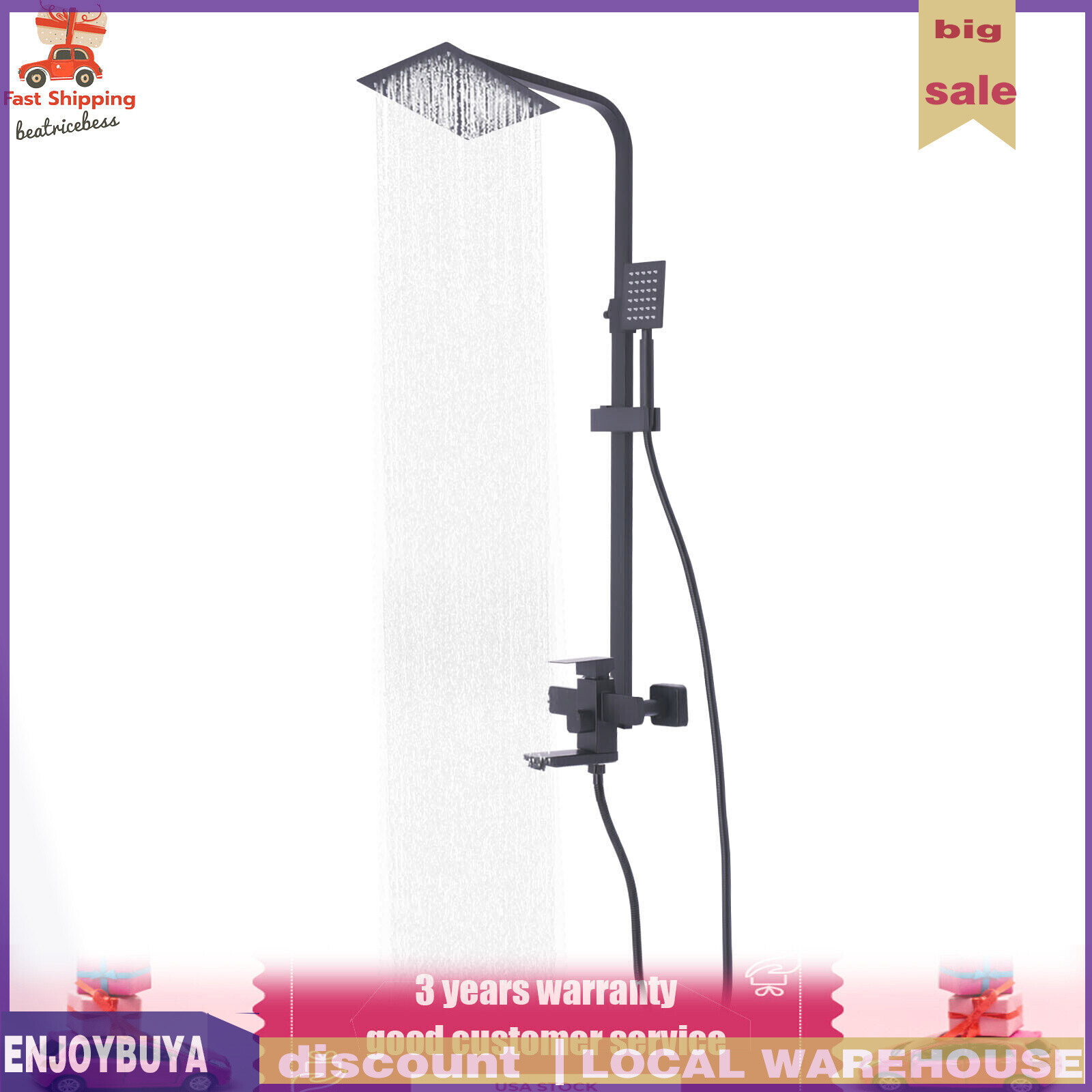 Shower Faucet Set System Rainfall Shower Head Handle Combo Kit Wall Mount Black