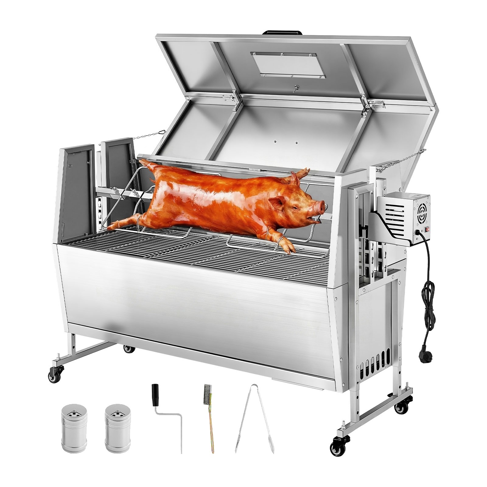 57" Rotisserie BBQ Grill 38W Outdoor BBQ Spit Roaster for Pig & Lamb with Wheels