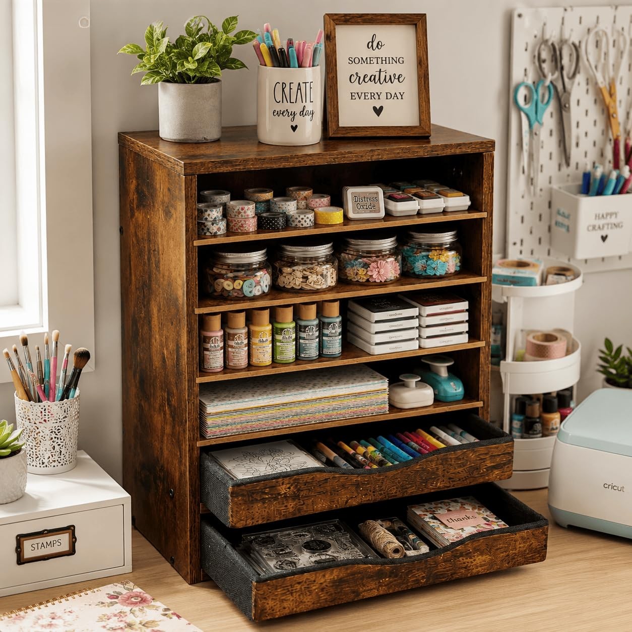 Wooden Desk Organizer with Drawers, 6 Tier Adjustable Paper & File Storage Or...
