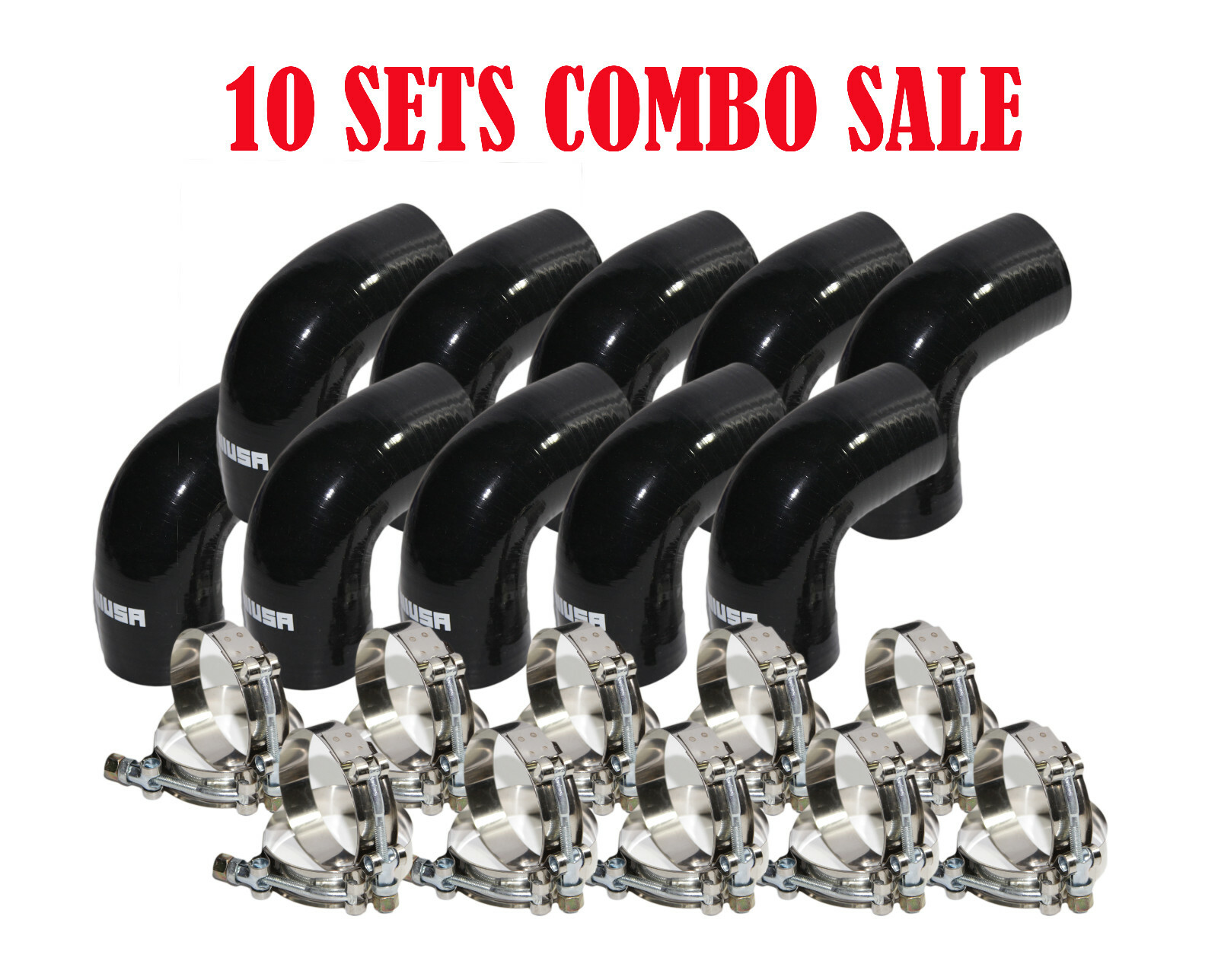 10SET Universal BLACK 4PLY 1x90 Degree 2.0"ID Silicone+2xStainles Steel T-clamp