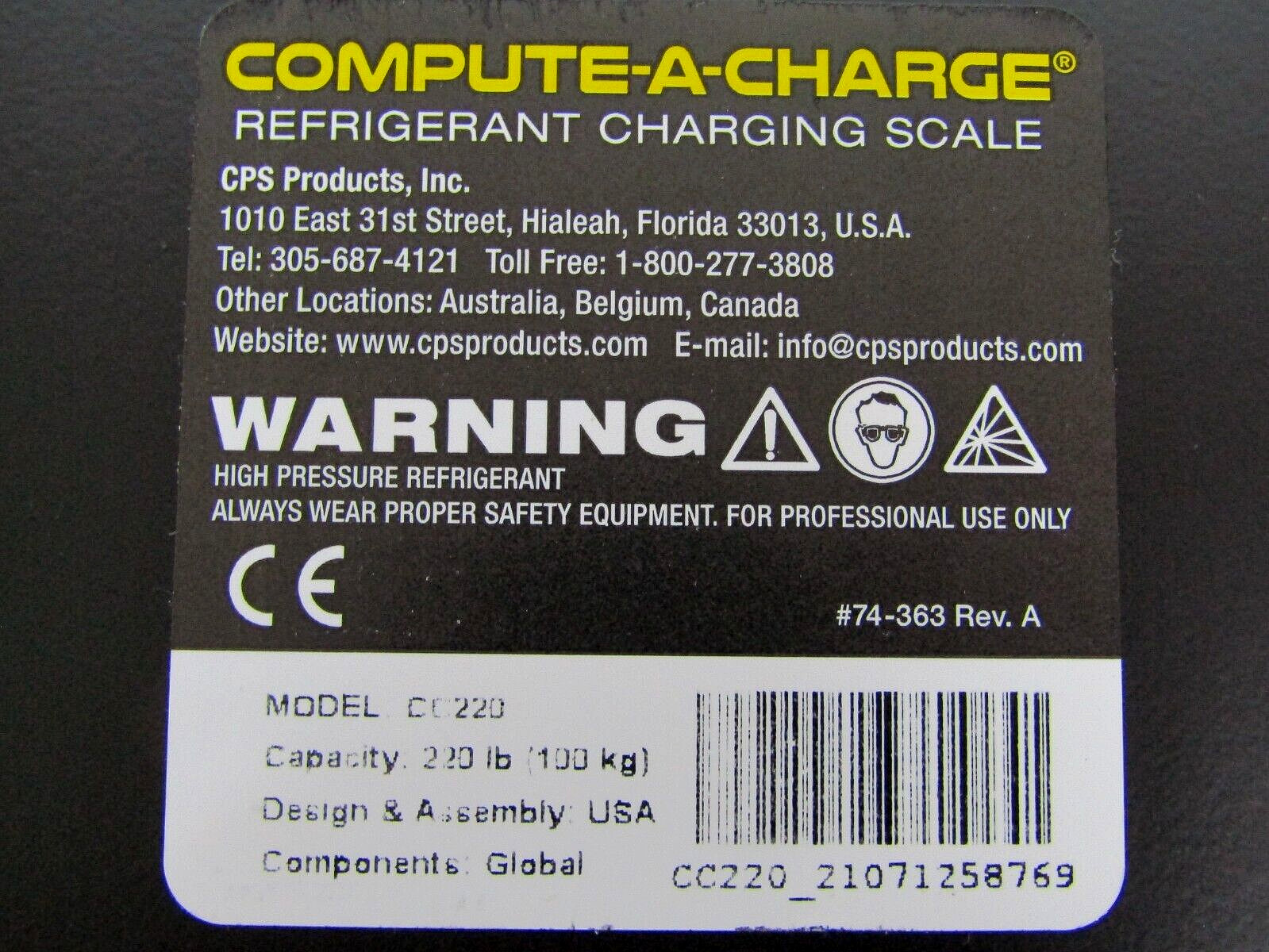 CPS CC220 Compute-A-Charge High Capacity Refrigerant Charging Scale 220lb