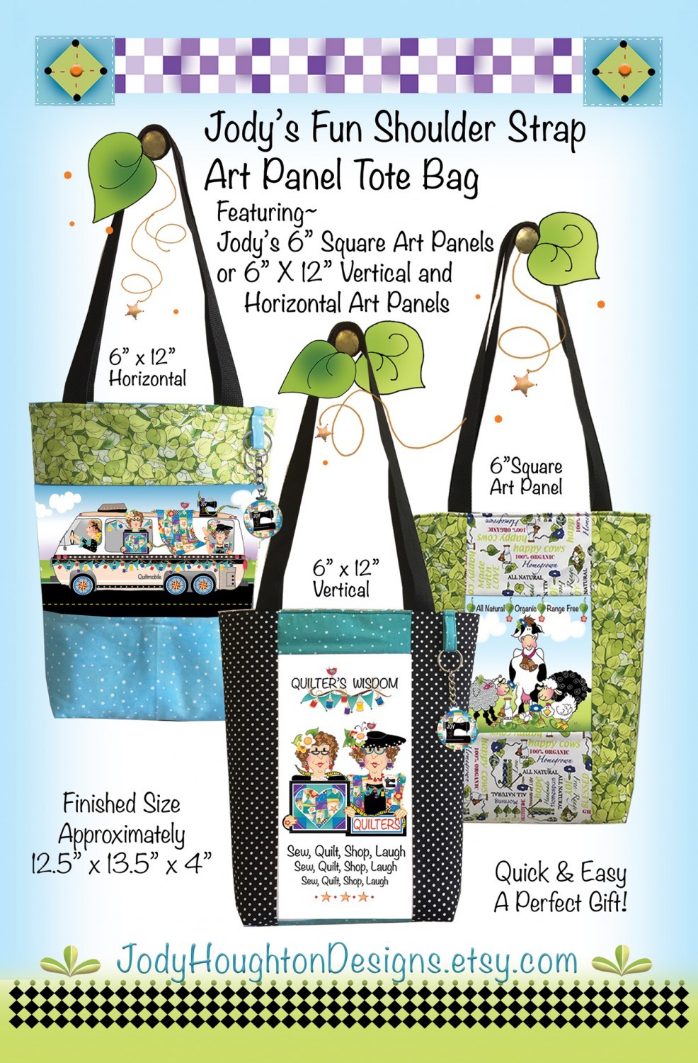 Jody's FUN SHOULDER STRAP ART PANEL TOTE BAG Pattern 12.5" x 13.5" x 4"