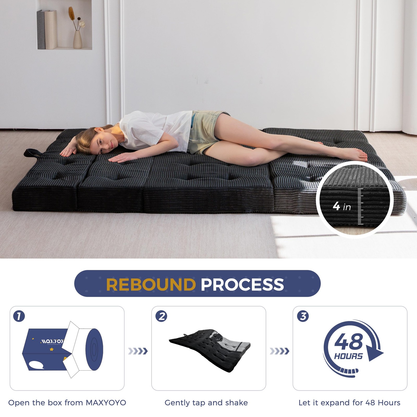Foldable Sofa Couch Bed, 4 Inch Tufted Folding Mattress, Portable Floor Couch...