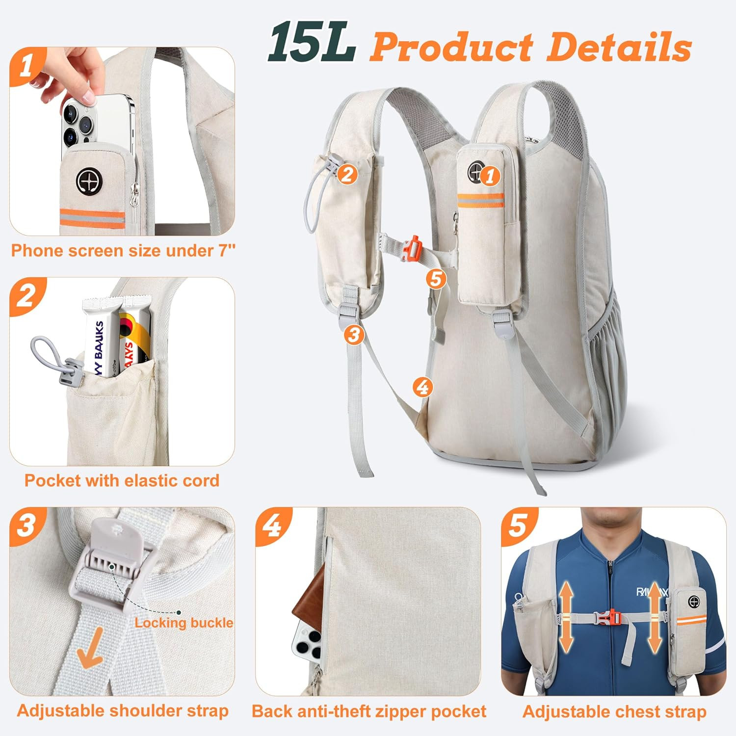 Ultralight 15L Foldable Hiking Backpack for Travel and Outdoor Activities, Beige