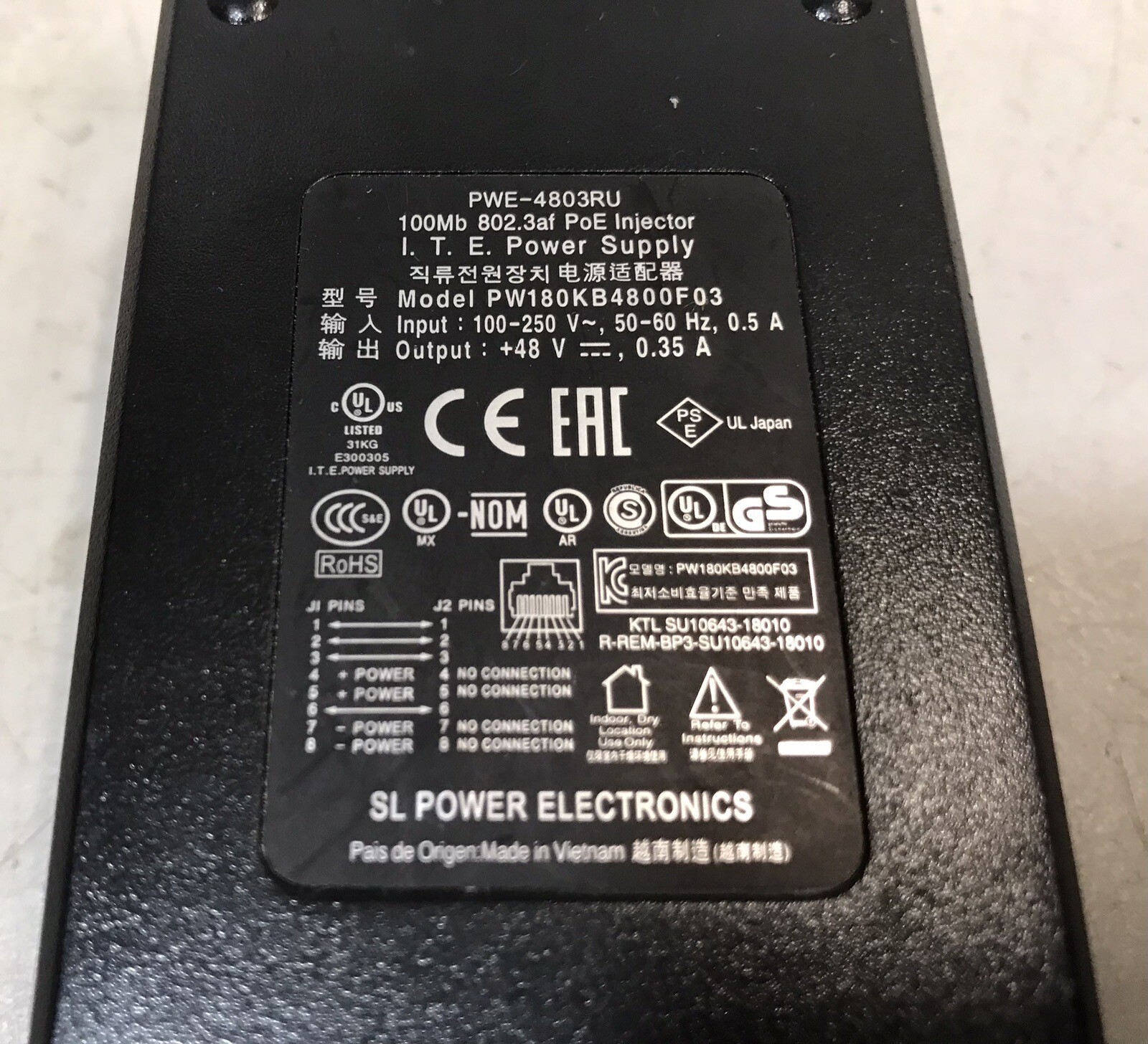 SL POWER ELECTRONICS  PWE-4803RU 100Mb 802.3af POE INJECTOR POWER SUPPLY