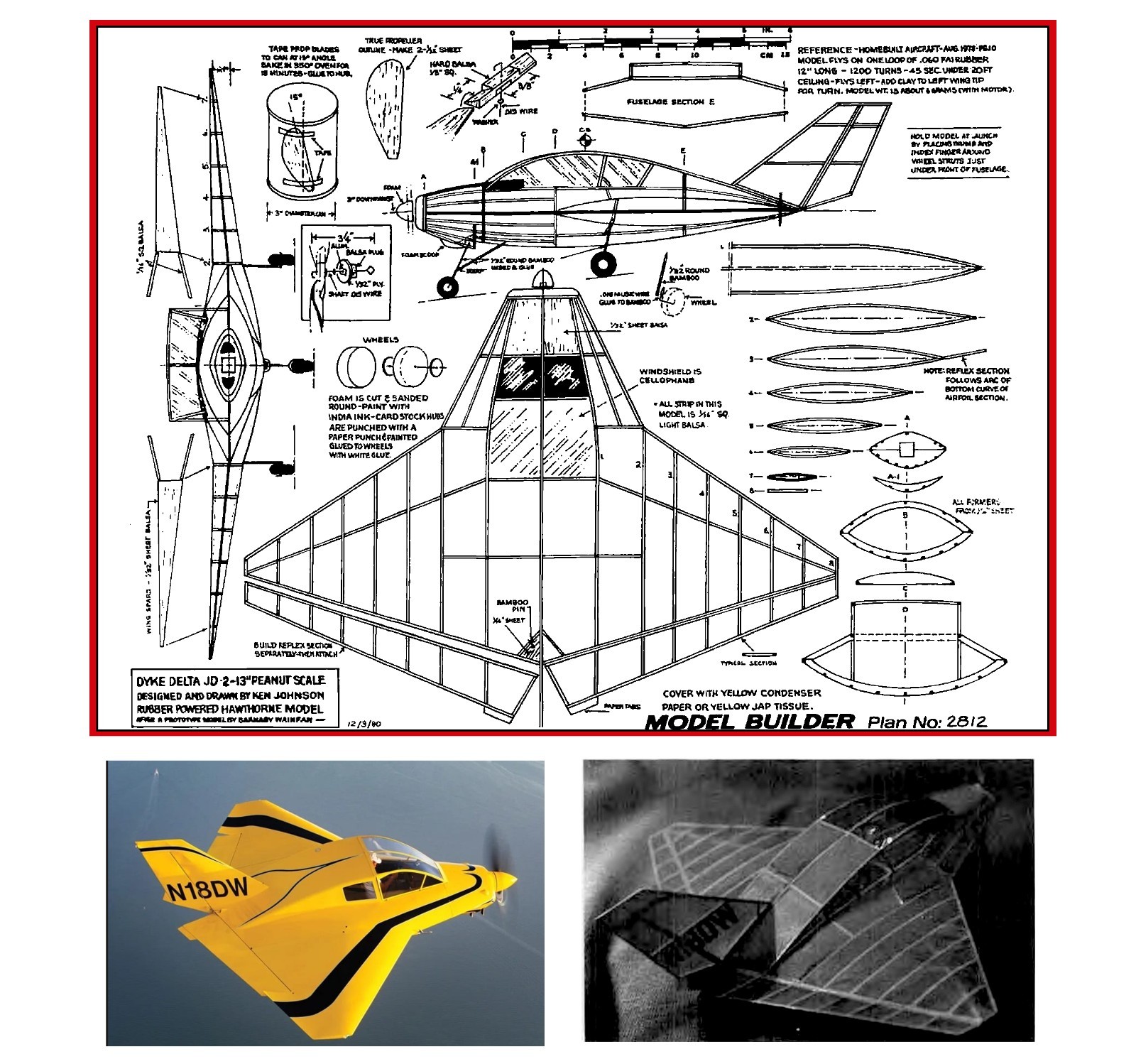 Peanut Model Airplane Plans (FF): Dyke Delta JD-2 13" Scale Rubber-Powered