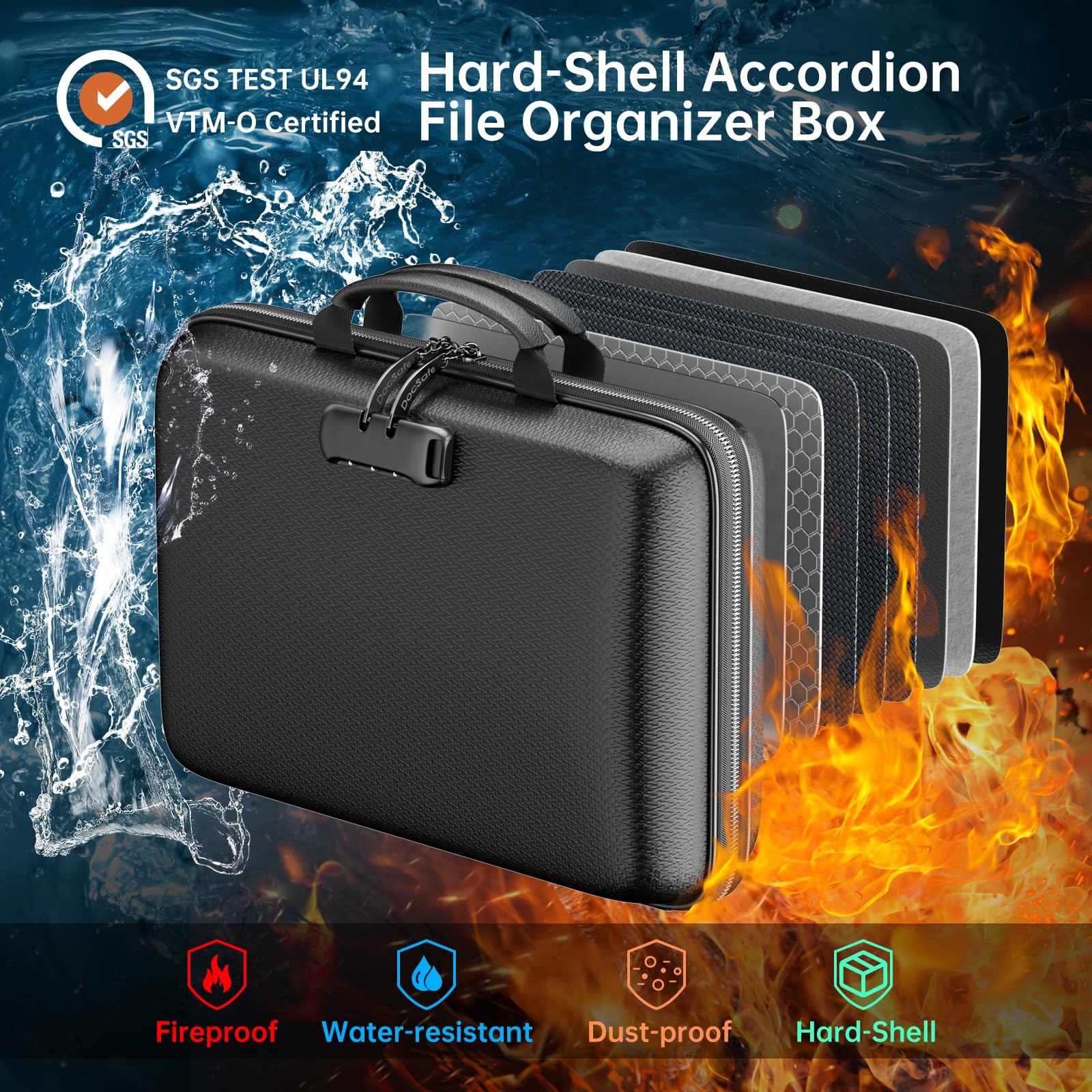 Fireproof File Organizer with Lock, Hard-Shell Case Fireproof Document Box wi...