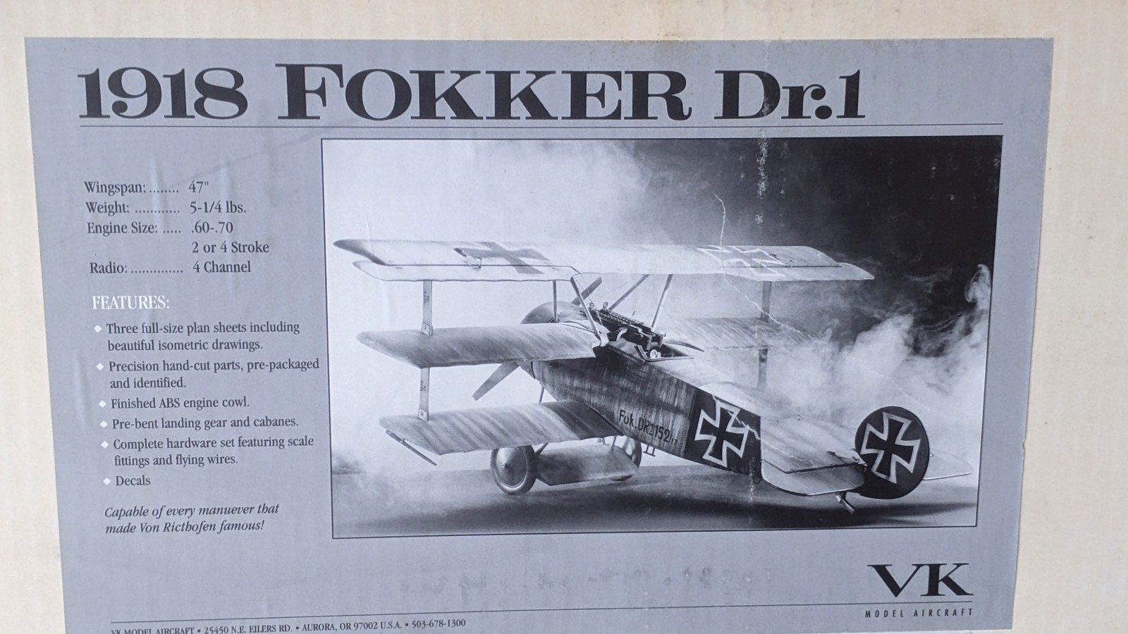 VK Models 1918 FOKKER DR.1 Famous WW1 Triplane R/C Model Plane Kit 47" WS - New