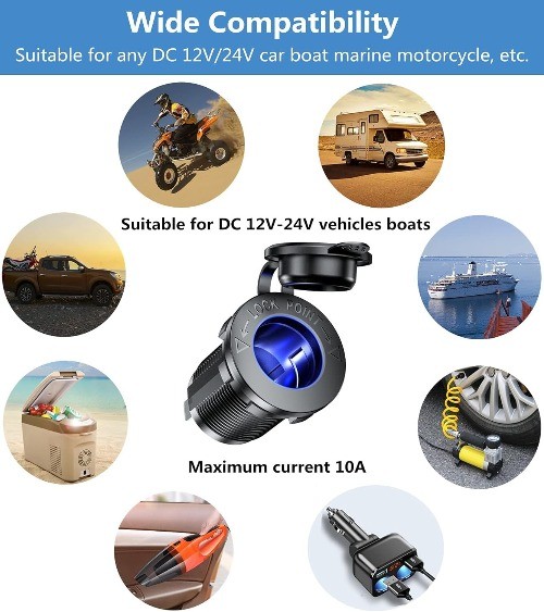 12V Cigarette Lighter Socket with Blue LED, Waterproof Cigarette L Color: Blue