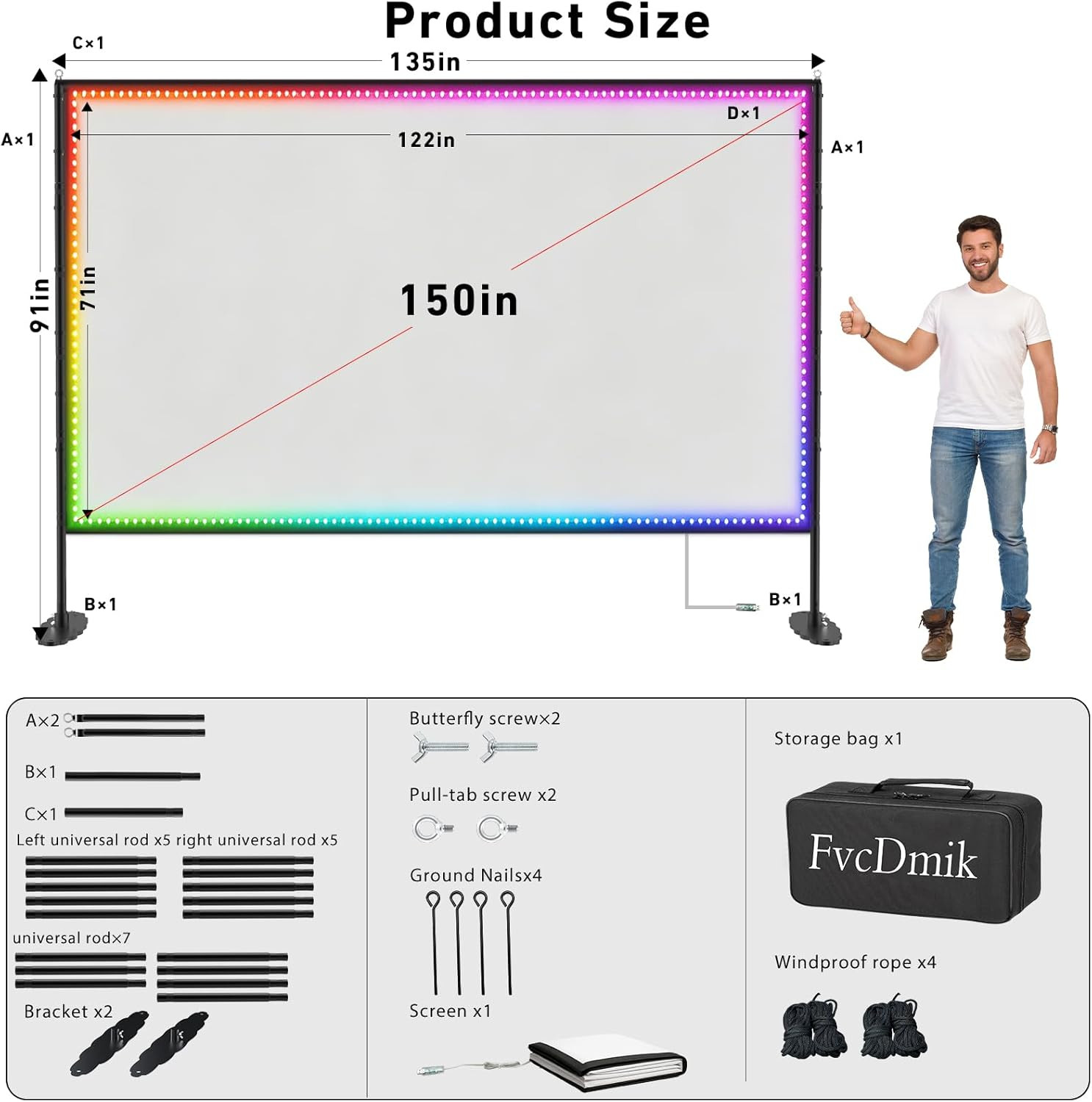 150 inch Projector Screen with Stand, USB String Lights Connection 16:9 4K HD Po