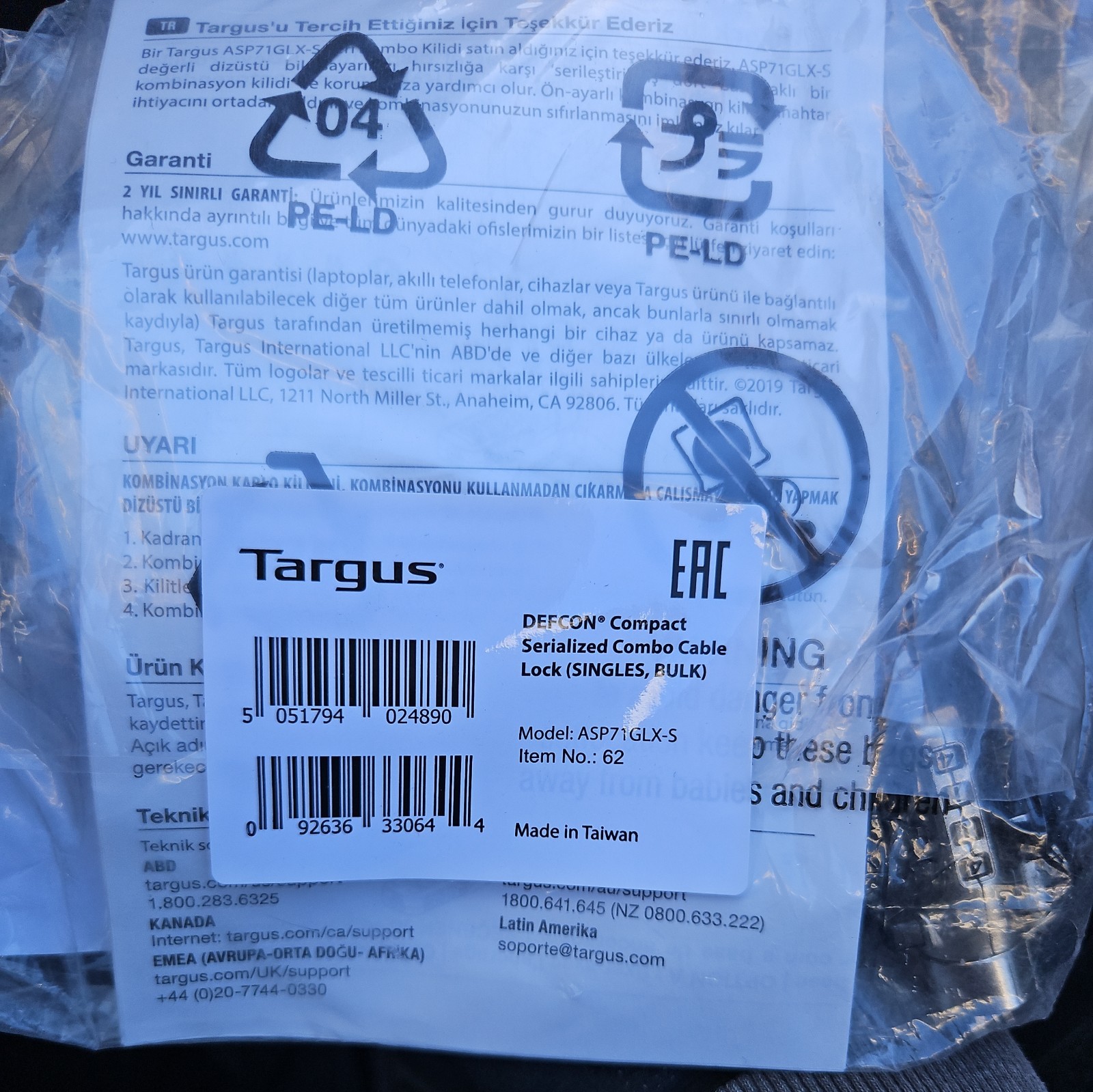 Targus Defcon Compact Serialized Combo Cable Lock ASP71GLX-S QTY-5 New