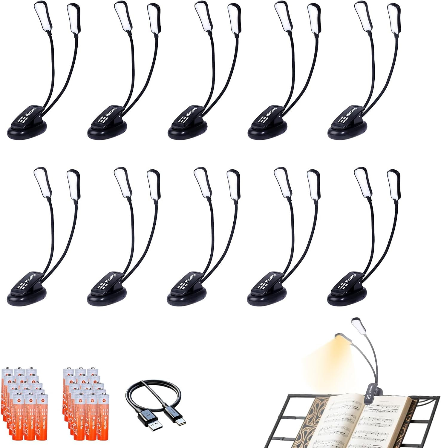 10 Pack Music Stand Light LED Clip on Reading Light USB-C and AAA Battery