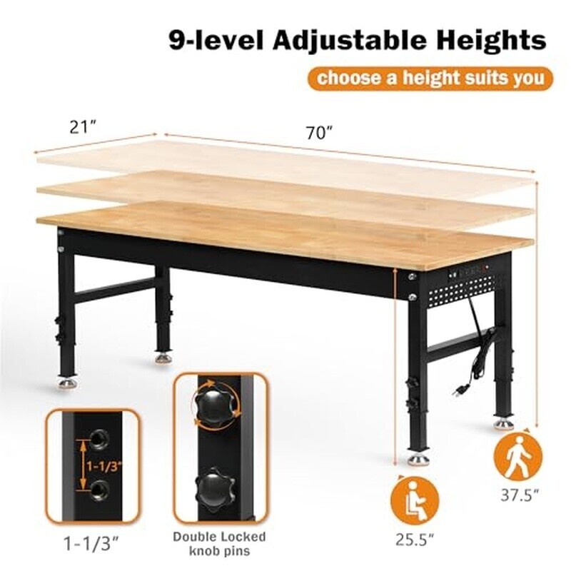 70 In Adjustable Height Workbench 2000LB Heavy Duty Table Power Outlets Pegboard