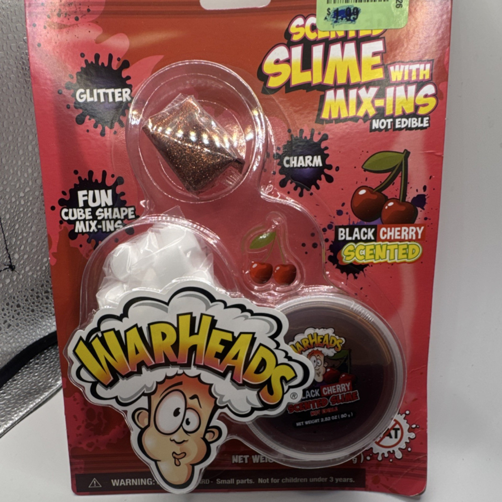 Warheads Black Cherry Scented Slime with Mix-Ins, Glitter Charm, Cube Shape