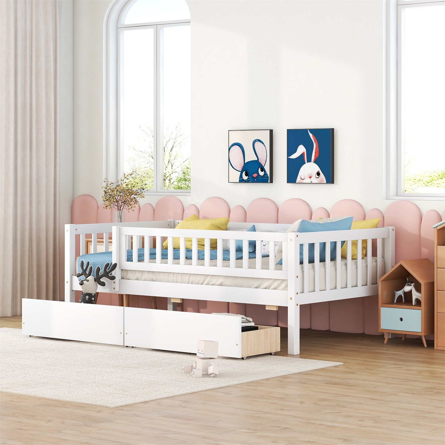 Twin Size Daybed Wood Bed Frame Sofa Bed with 2 Drawer White/Gray/Natural/Walnut