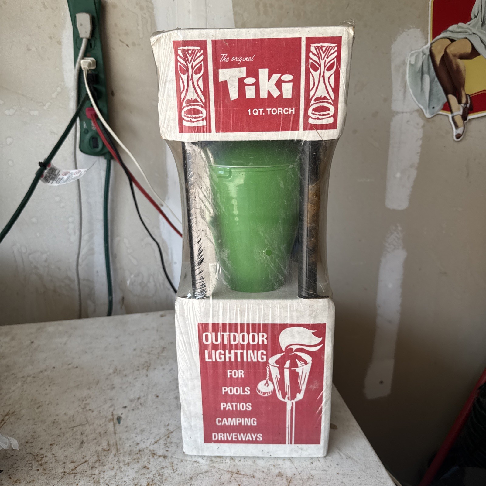 Vintage THE ORIGINAL TIKI TORCH  Green Aluminum IN BOX ~ New Old Stock Prop